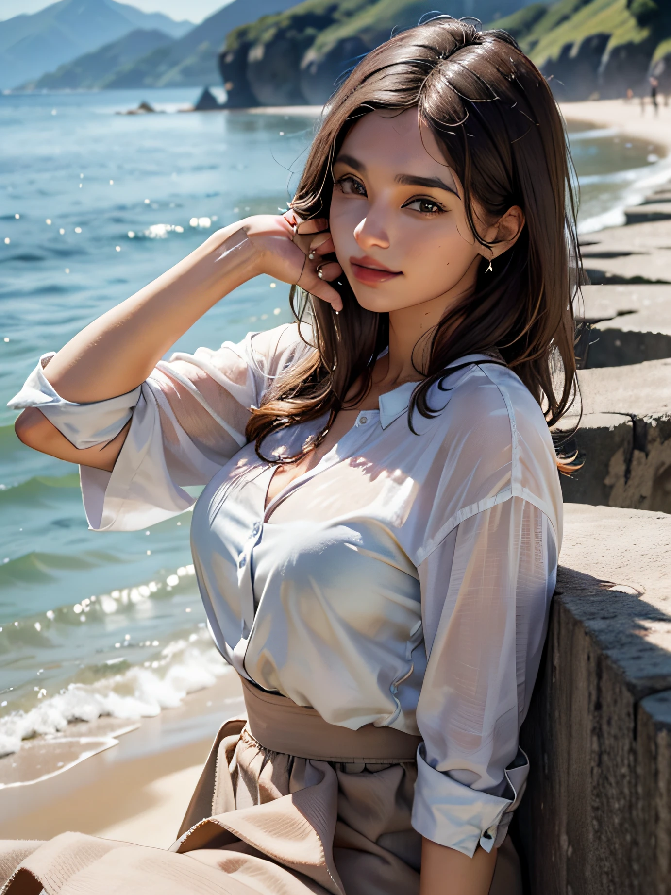 1menina, cabelo cacheado, cabelo comprido, dinamic angle, nuvem, camisa branca, light tracing, (vento colorido flutuante:1)
(fotorealista: 1.4), arte oficial, Unity 8K papel de parede, ultra detalhado, handsome and aesthetic, obra-prima, melhor qualidade, pele brilhante, cinematic lighthing, sorriso leve
