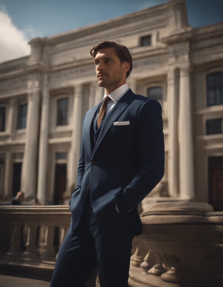 Cinematic portrait, ((Upper body)), Facing the audience, (reality :1.3), handsome gentleman, A man looks at the camera, navy suit, blue tie, white shirt, gold watch, wavy brown hair, blue eyes, six feet three inches tall, photograph realistic, In the daytime, CG, art stand, in front of a stately arts deco building.