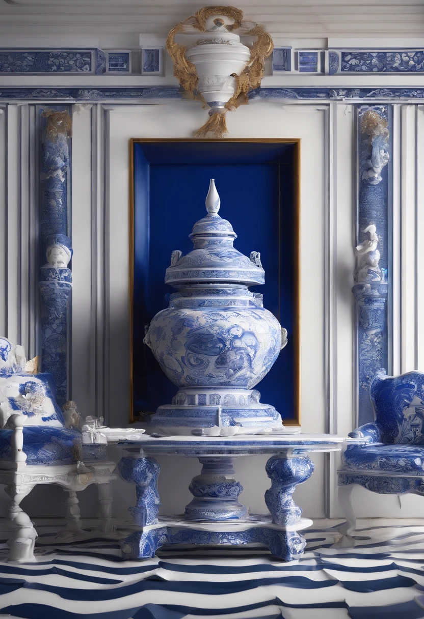 Blue and white porcelain,A palace made of ceramics，Miniatures，On a table，Three-dimensional relief artwork，Ornaments， high detail,3D， Chiaroscuro, Cinematic lighting, god light, Cinematic lighting, hyper HD, High details, Best quality, A high resolution, Textured skin