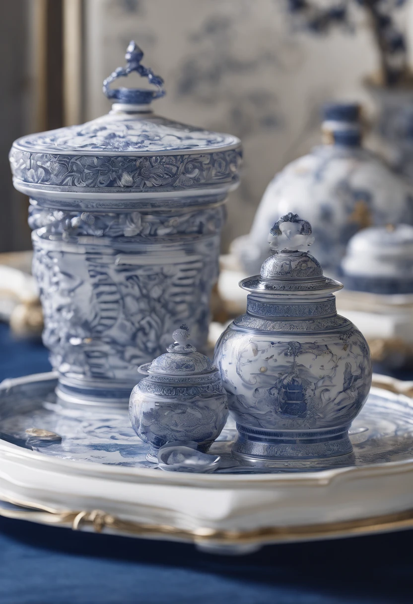 Blue and white porcelain,A palace made of ceramics,Miniatures,On a table,Three-dimensional relief artwork,Ornaments, high detail,3D, Chiaroscuro, Cinematic lighting, god light, Cinematic lighting, hyper HD, High details, Best quality, A high resolution, Textured skin
