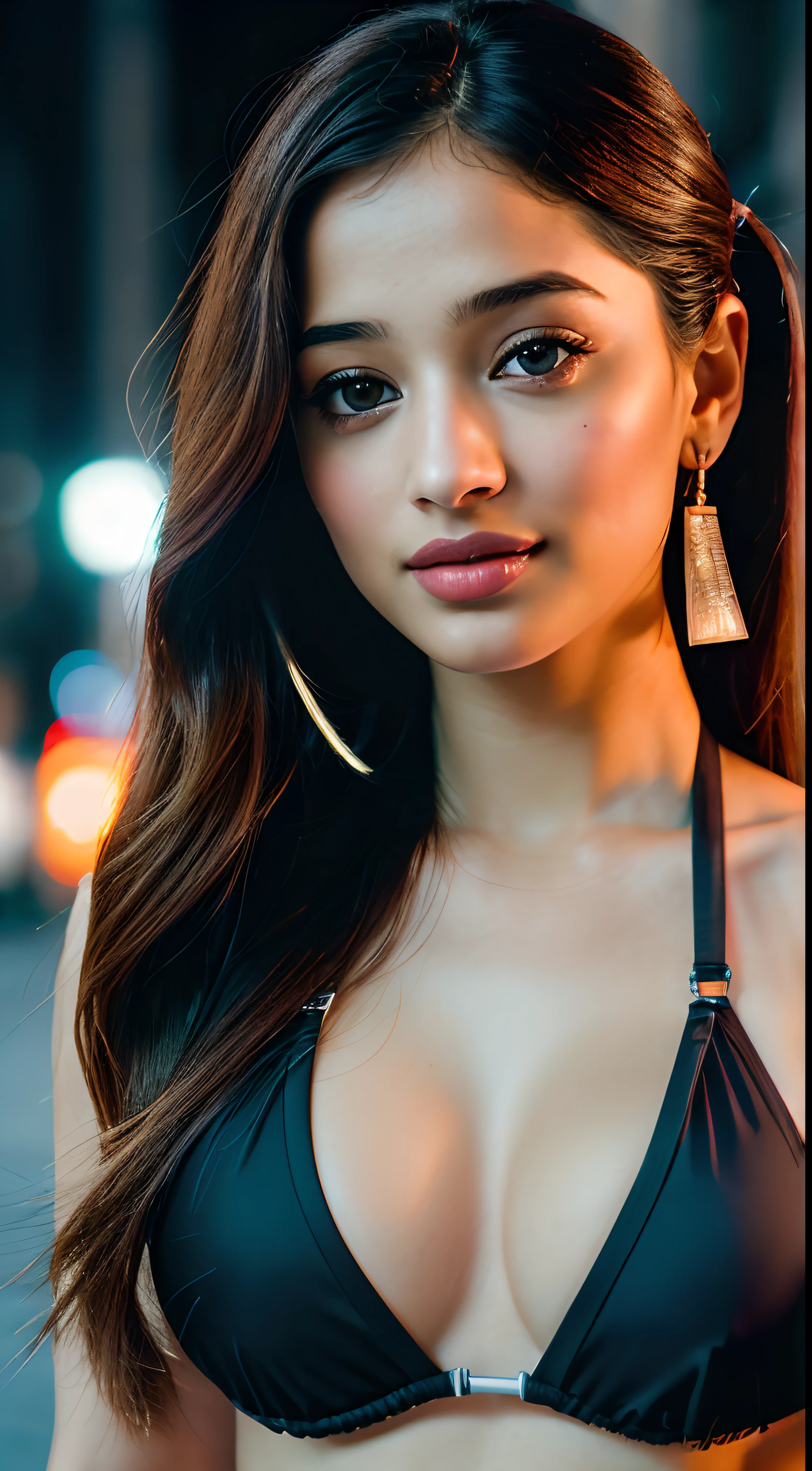 little Tamannaah Bhatia, (taking selfies, Overhead view: 1,4), (straight half of the torso: 1,4), Portrait photo of a 24-year-old blonde in RAW UHD format (Blue-eyed woman), pigtails, Haircut for a boy , Walk down the dark alley, natutal breasts_b, night city, ( tactical clothes), (décolleté), in detail (textures!, hairsh!, glistering, a color!!, imperfections: 1.1), highly detailed glossy eyes, stands with his back, Standing Around, bottom, thongs, (is looking at the camera), specular lighting, DSLR camera, ultra quality, sharp-focus, sharpness, Depth of field, film grains, (centred), Fujifilm XT3, Crystal clear, big breastes, naked torso, The center of the frame, pretty face, sharp-focus, street lamp, neon lights, bokeh, (dimly lit), Low key, in night, (night sky ) detailed skin pores, oiled skin, suntan, Complex eye details, Indian woman