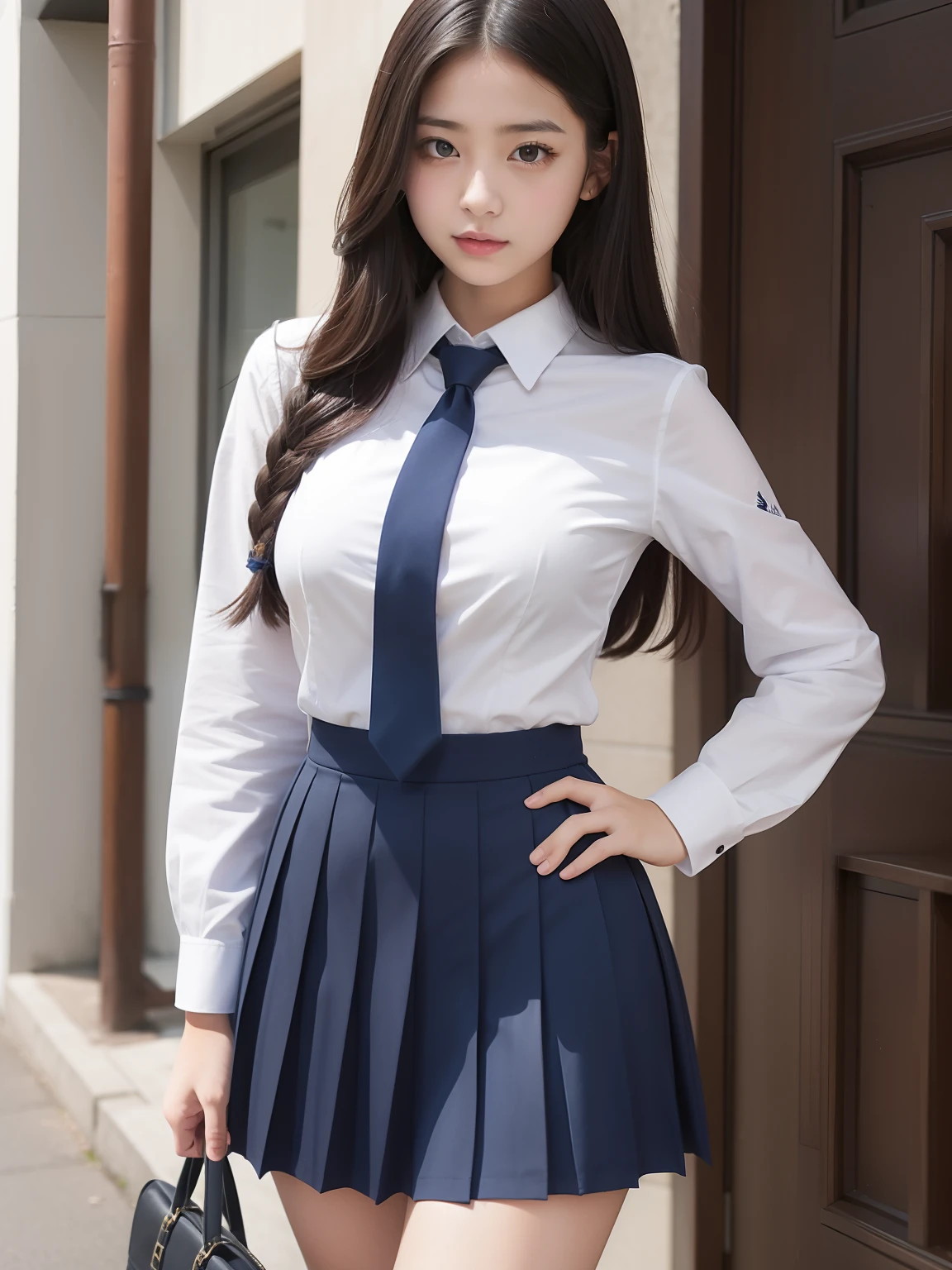 student clothes、high-school uniform、Dark blue pleated skirt、large full breasts