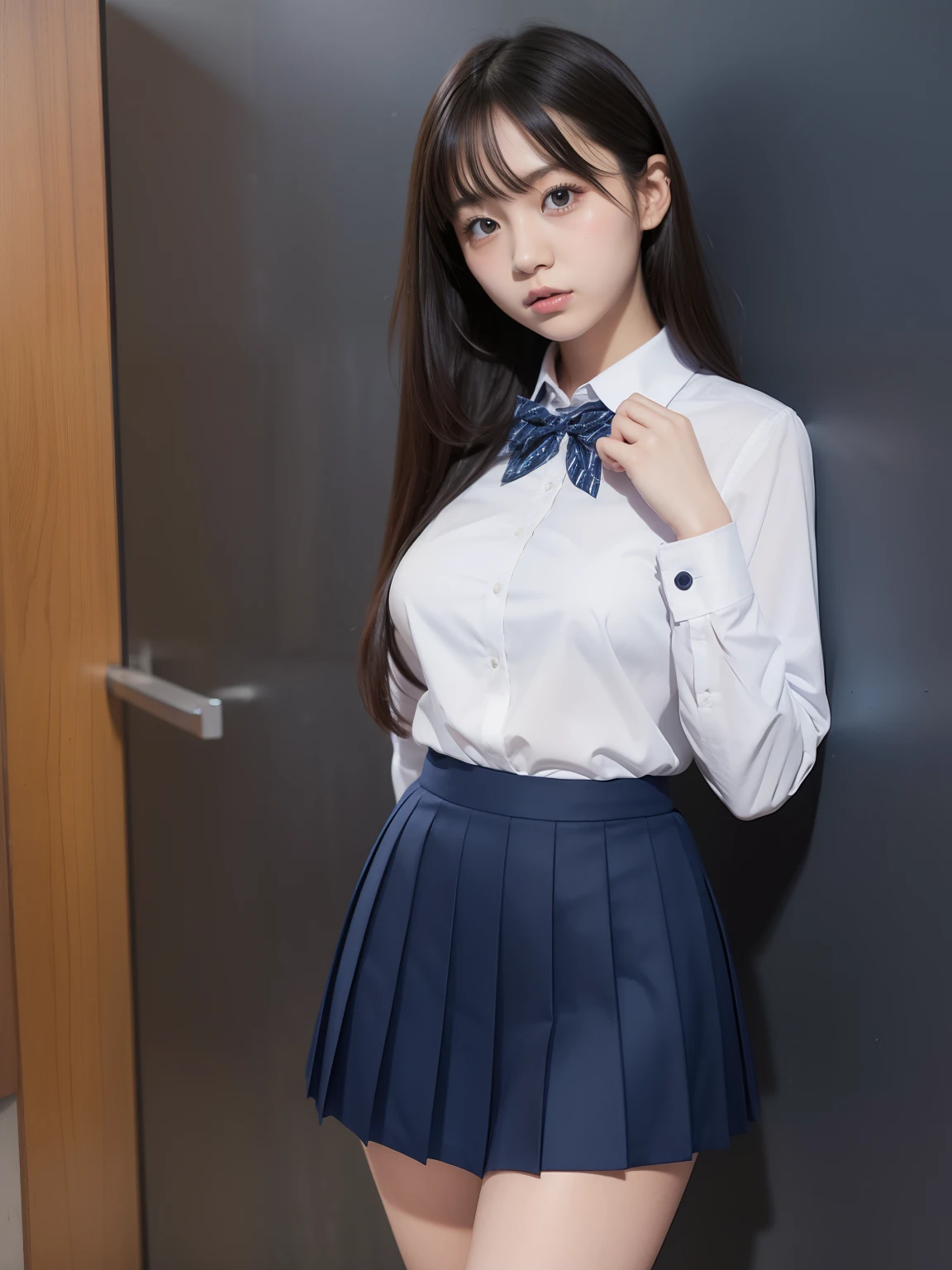 student clothes、high-school uniform、Dark blue pleated skirt、large full breasts