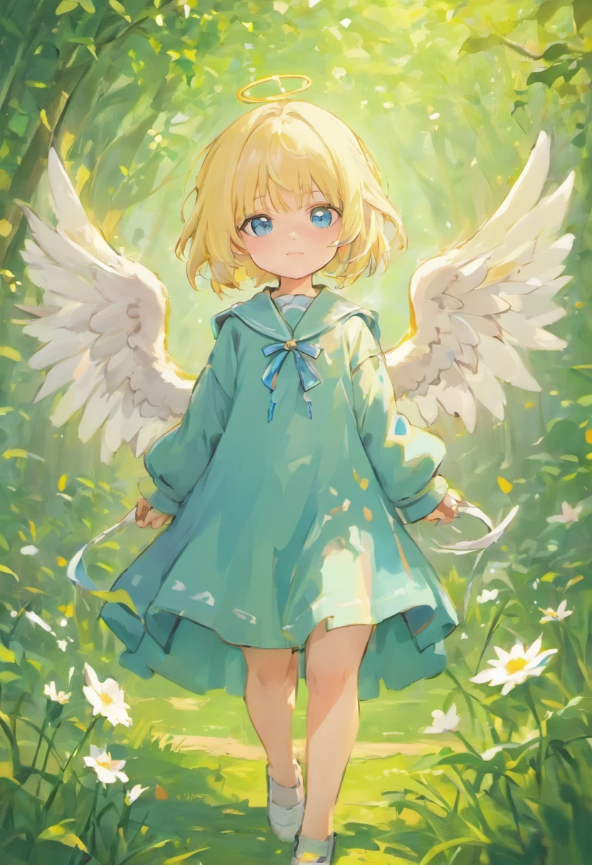 (Rori,white color hair,ddlers,Blue eyes,Libido Girl,A giragon's horn,adolable, standing on your feet, Master masterpieces, hight resolution,8K,detailedbackground,hightquality,独奏,short trousers,grass field,white blossoms,leaves falling,云,evening sun,Shy,wide wide shot,(独奏,solo person),Angel wings