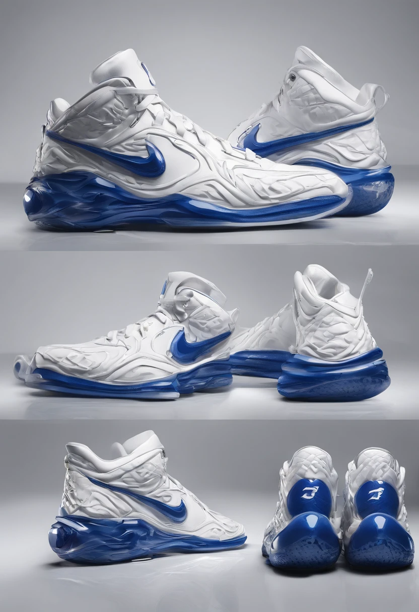 Blue and white porcelain,Nike basketball shoes made of ceramic,On a table,Three-dimensional relief,artwork of a,Ornaments, high detail,3D, Chiaroscuro, Cinematic lighting, god light, Cinematic lighting, hyper HD, High details, Best quality, A high resolution, Textured skin