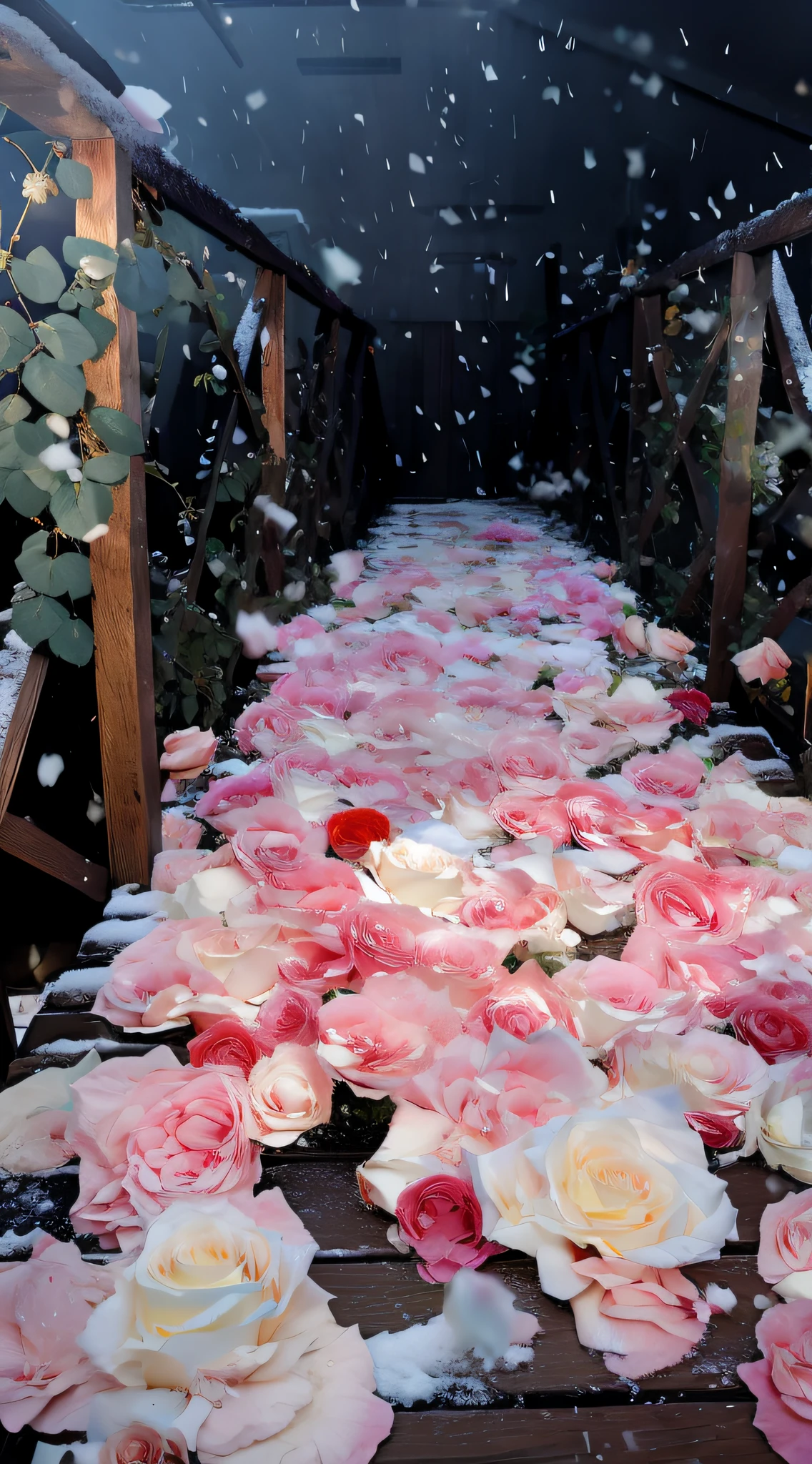 Flowers are arranged on wooden platforms in the snow, portal made of roses, rosses, Flower beds on the floor, with frozen flowers around her, Large rose petals, Large rose petals, exploding roses, beutifull, blossoming path to heaven, Everywhere petals are falling, rosette, flowers exploding and spraying, romantic motifs, walking down, flowers sea rainning everywhere