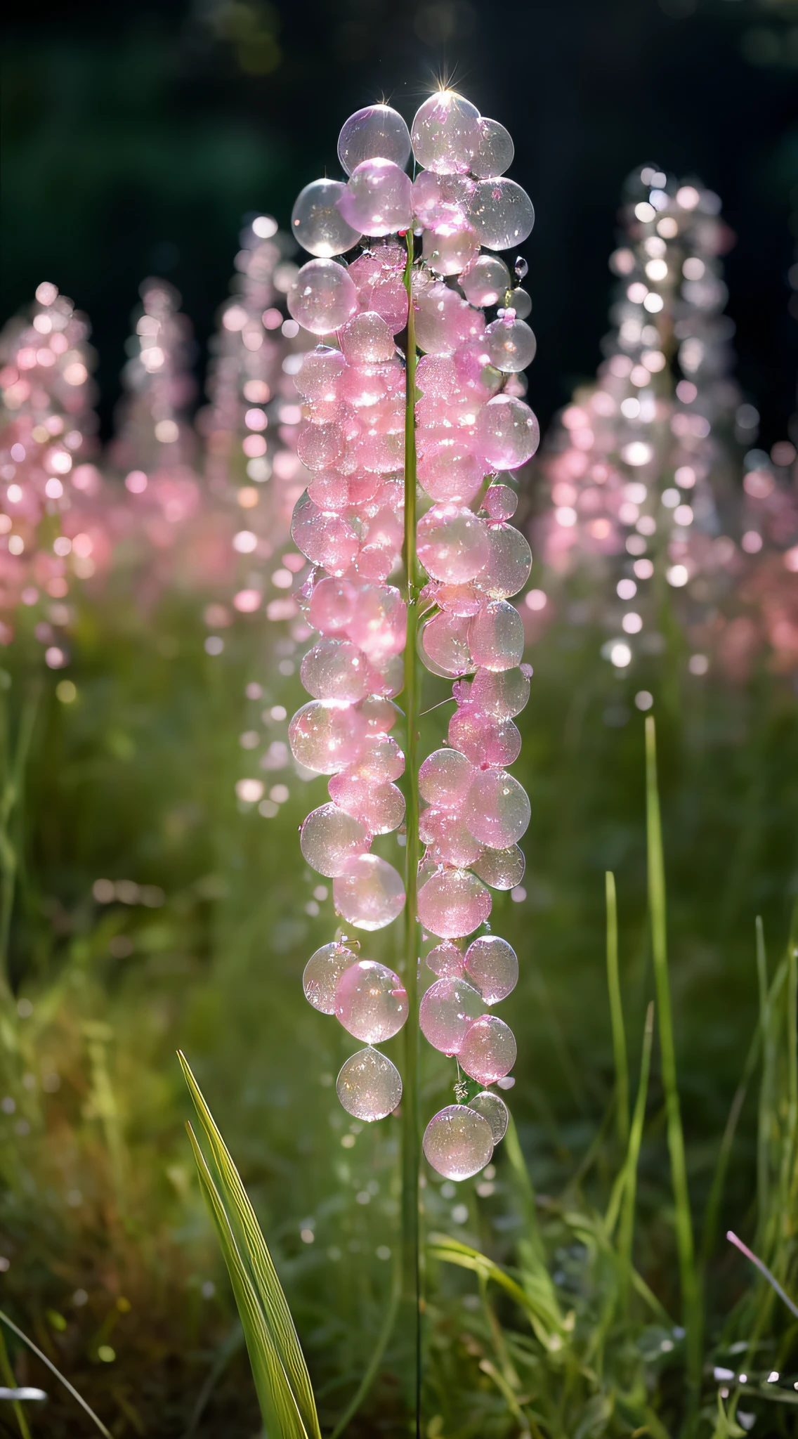 There are many pink bubbles on the flowers in the field, Ethereal bubbles, dew, inspired by Bruce Munro, Pale pink grass, surreal waiizi flowers, dewdrops, naoya tanaka, Pink grass, Bruce Munro, rinko kawauchi, The drops, dripping light drops, Dewdrops, author:Tadashi Nakayama, ethereal rainbow bubbles