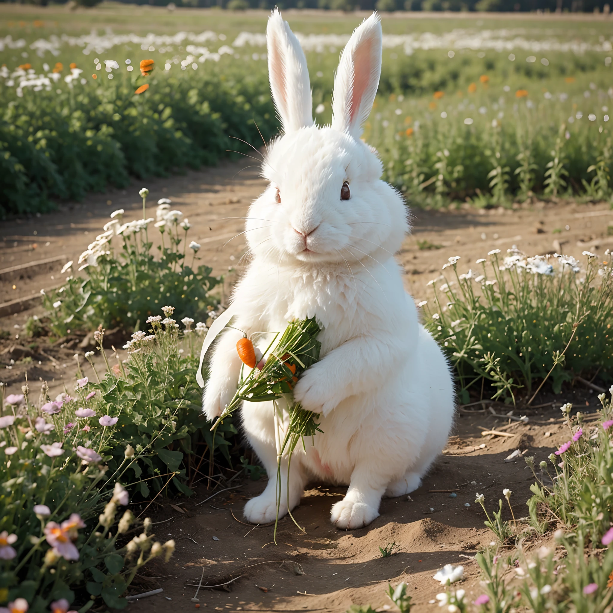 A fluffy white rabbit nibbling on a carrot in a field of wildflowers.