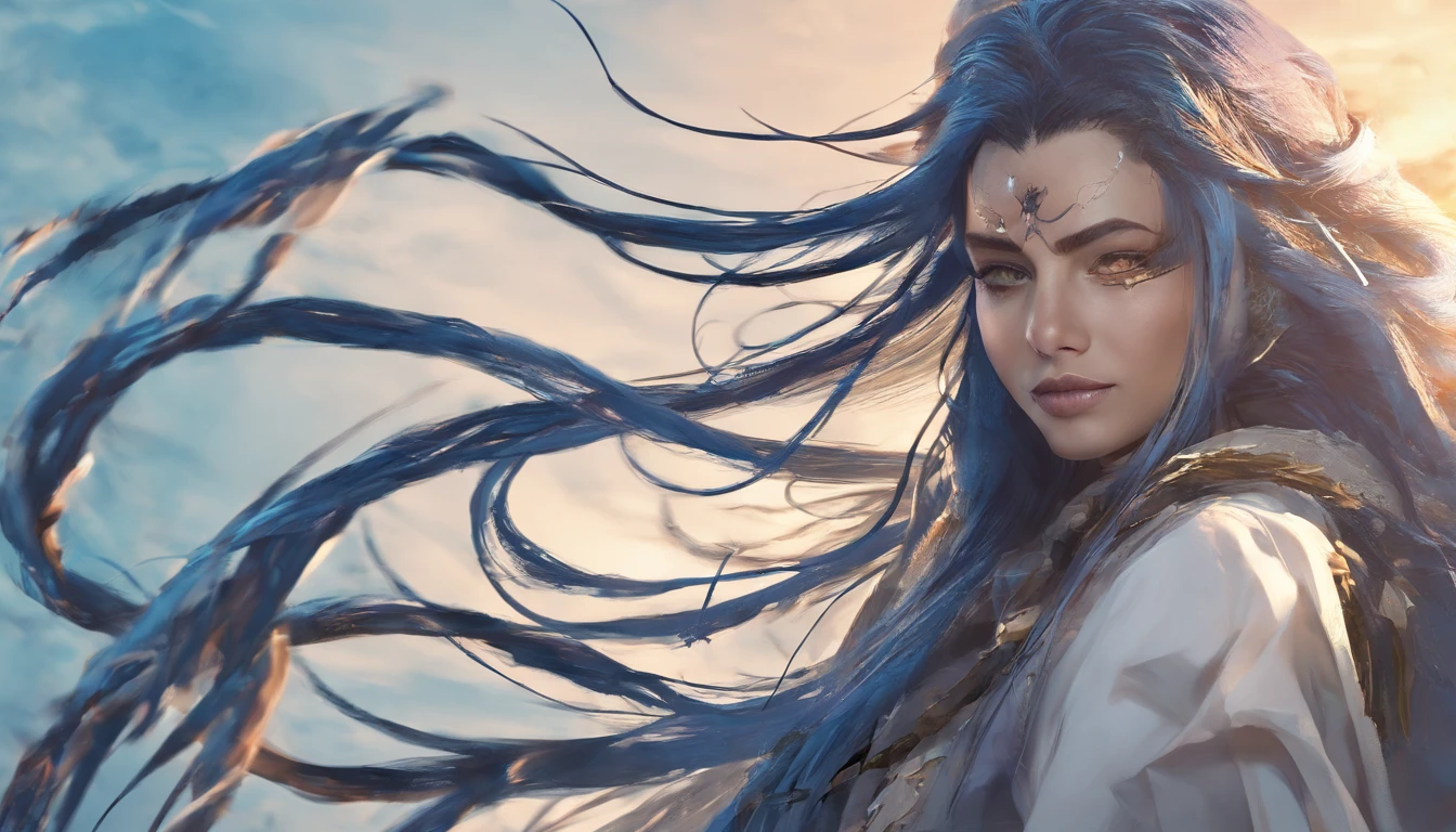 Mulher com cabelos longos e uma jaqueta azul posando para uma foto, com cabelos longos e olhos penetrantes, com seus longos cabelos pretos, large eyes and flowing long hair, com cabelos longos, jovem com cabelo longo, com longos cabelos escuros, em torno de 1 9 anos, mateus 9 5, cabelos longos e macios e macios, com longos cabelos pretos, imagem frontal