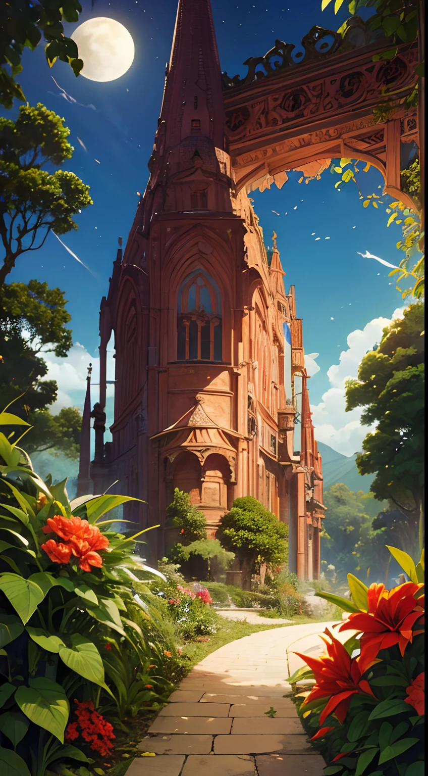 (extremely detaile, tmasterpiece, Best quality, foto antiga, At the beginning of the century, VHS aesthetics) Big monster in a strange jungle. Vegetables from another dimension. Epic flowers in the distance, Organic tree with meat. Night lights.