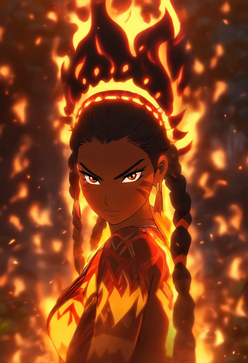 (((indigenous woman on fire))) best quality, very high resolution, detailed CG in 4K, masterpiece, indigenous woman, amazon brazil, rivers, indigenous, indigenous tribes, indigenous city, forest, aesthetics, beautiful image, centered on screen, full body