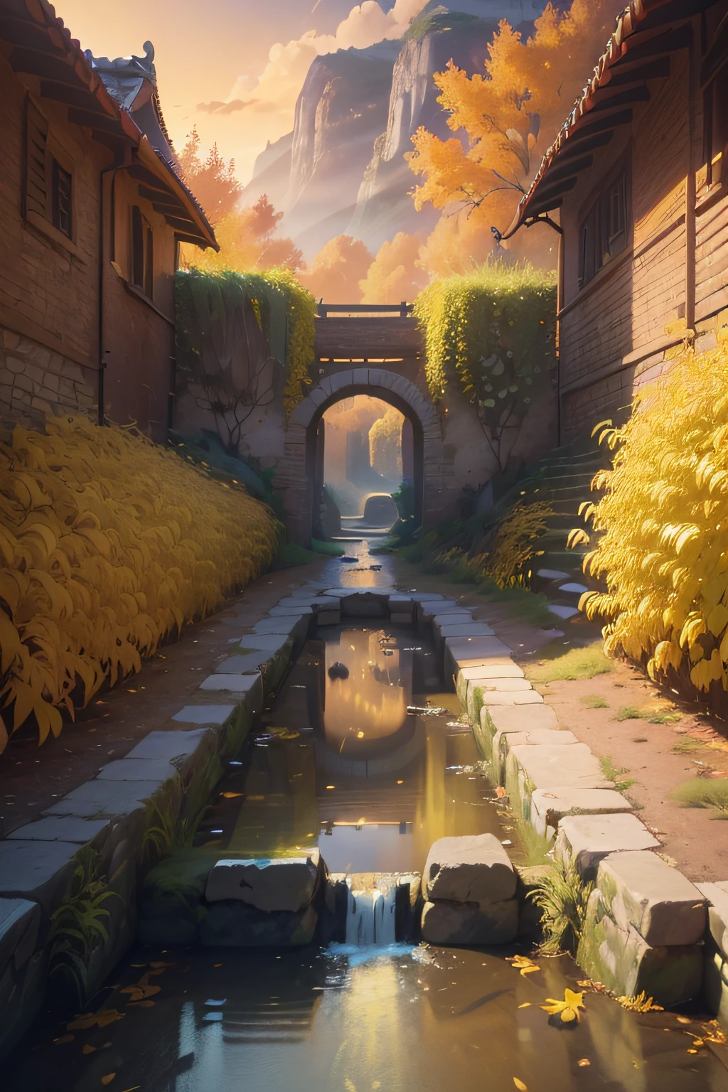 (Autumn landscape, the setting sun, small bridges, flowingwater, Small courtyard, Small roads, The afterglow of the setting sun shines through the clouds, Fluttering yellow leaves,(A white horse looks down and grazes:1.1), (The vista is an oblique view of the sunset, Autumn tones), Ancient Chinese landscape painting style, Warm colors, ((tmasterpiece)), (A complete painting), Extremely detailed picture, light and shadow effect, Movie lighting, cinema4d, Light particle tracing, rendering by octane, Unreal 5, Layered artistic effects, Best Painting, Master painting, photorealestic, realisticlying, Ghibli-like colors, Cinematic lighting, angle of view, 8K, Anatomically correct