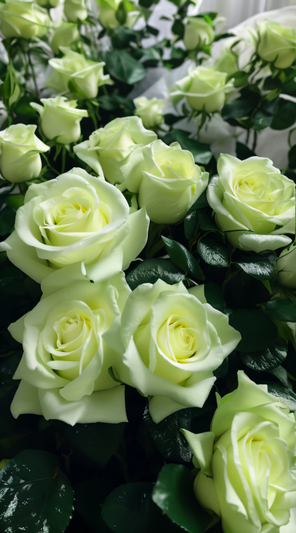 Many white roses grow in the garden, White roses, rosette, Rozen Maiden, rosses, light greens and whites, pale green glow, an elegant green, painted pale yellow and green, a few roses, roses in cinematic light, translucent roses ornate, rose twining, 3 4 5 3 1, natural point rose', decorative roses