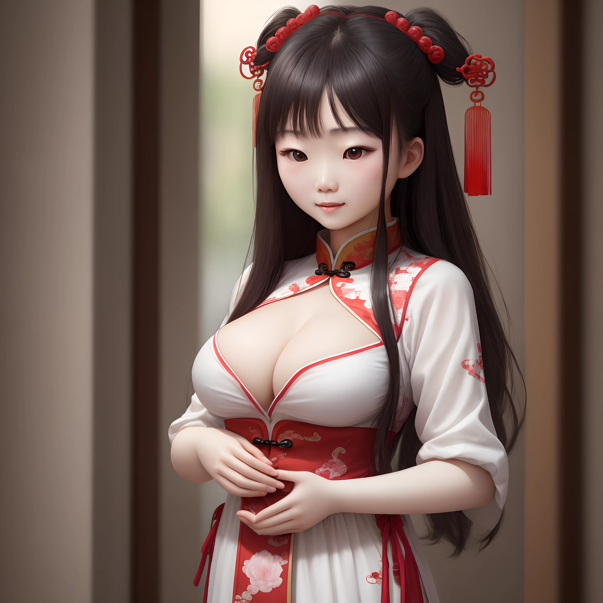 A Chinese girl holds her breasts with both hands