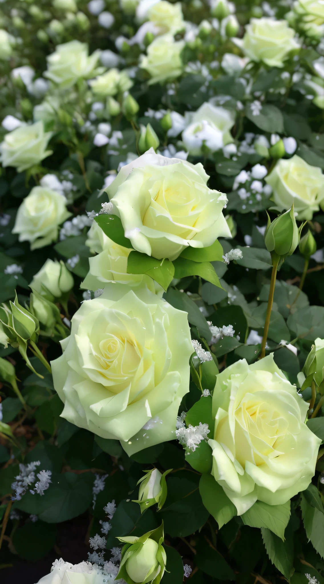 There are a lot of white roses in the snow, Rozen Maiden, White roses, pale green glow, soft white glow, an elegant green, full bloom, light greens and whites, Extremely high quality, Very high quality, elegant high quality, twinkle, natural point rose', pale greens and whites, Outstanding detail, High quality detail, Rose garden, rosette