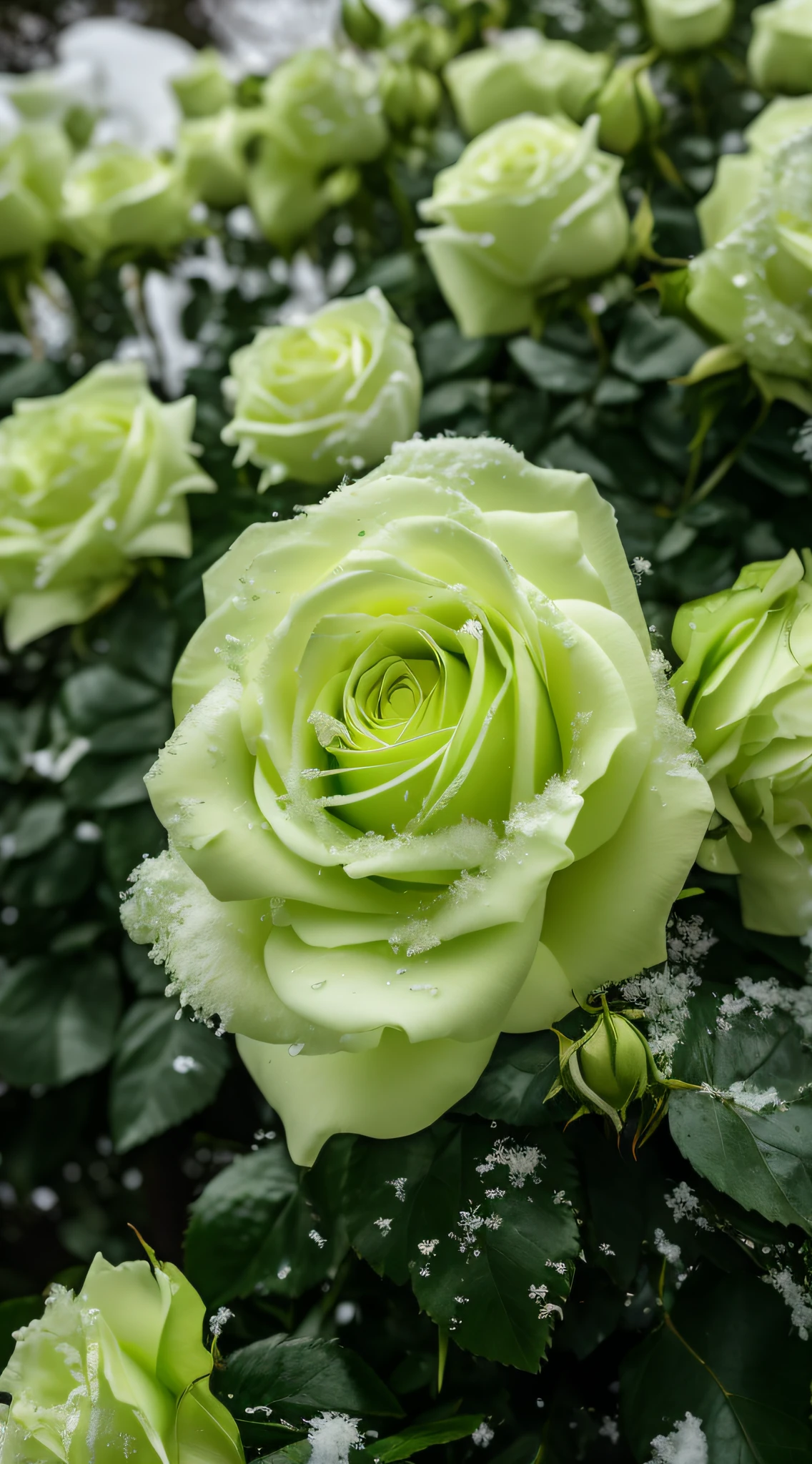 There is a green rose in the garden，There is snow on it, shot on nikon z9, green tonalities, an elegant green, with frozen flowers around her, rosses, pale green glow, rosette, roses in cinematic light, Green and white, pastel green, glowing green, a few roses, shot on a Canon EOS R5, shot on canon eos r 5