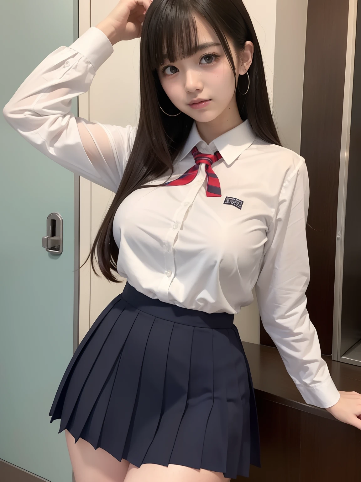 (1 girl), (sexy look:1.5), (flat chest:1.3), (very detailed目, very detailed顔), (超realistic, High resolution), (highest quality:1.4), (hyper quality), realistic skin texture, RAW photo, (realistic, Photoreal:1.37), very detailed, professional photography, (school uniform, pleated skirt:1.3), (look at me), (School, classroom), ((Meet me face to face:1.4)), (((Please hold the hem of your skirt and show me your pants.:1.4))), (from below:1.3), realistic private parts, lace panties, Japanese high school girl、超highest quality、masterpiece、超High resolution、Depth of written boundary、(Photoreal:1.4)、(Award-winning photo、信じられないほどのmasterpiece:1.3) 、RAW photography、golden ratio、Highly detailed CG Unity 8k wallpaper、detailed and complex、original、High resolution、RAW photo、(perfect body shape)、detailed and complex、Digital single-lens reflex camera、soft writing、(background person blur:1.1)、Sigma 85mmF/1.4、50mm Lenac lighting、nffsw、hyper real、color grade, Rear view,from below:1.3), Open your legs and show me your real pussy, 