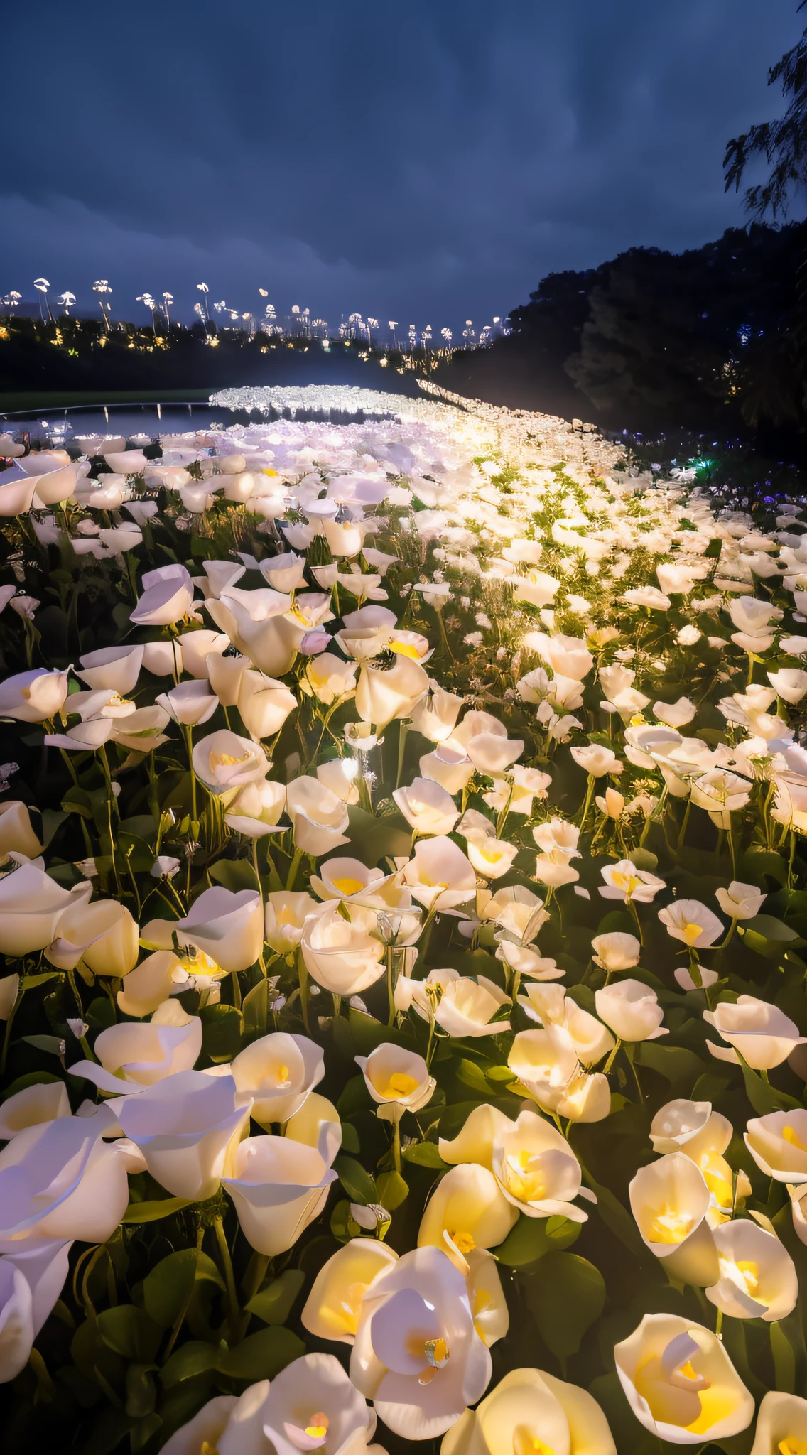 There are many white flowers in the grass, field of flowers at night, Glowing flowers, Beautiful large flowers, Luminous flowers, an aesthetic field of flowers, lights with bloom, surreal waiizi flowers, beautiful flowers growing, giant flowers, soft white glow, Magical flowers, soft bloom lighting, beautiful light up, field of fantasy flowers, night sky full of flowers