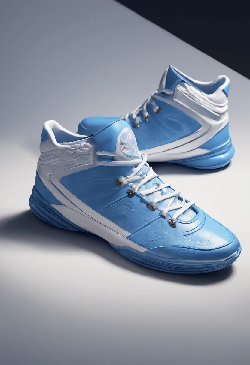 Blue and white porcelain,Ceramic material,Basketball shoes,On a table,Three-dimensional relief,artwork of a,Ornaments, high detail,3D, Chiaroscuro, Cinematic lighting, god light, Cinematic lighting, hyper HD, High details, Best quality, A high resolution, Textured skin