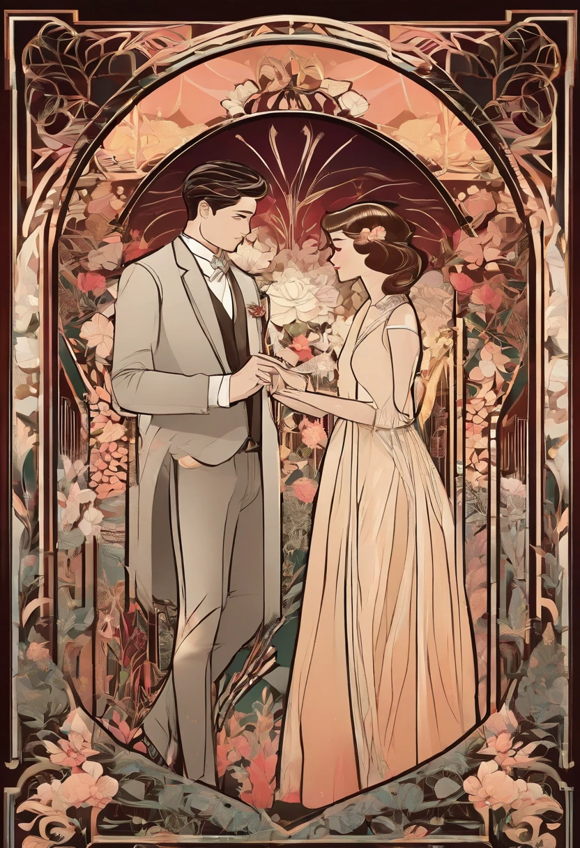 the romance between a young couple immersed in the beauty of nature. Detailed digital art and exquisite painting techniques bring their love story to life. The stunning floral background features a delicate gradient that adds depth and allure.