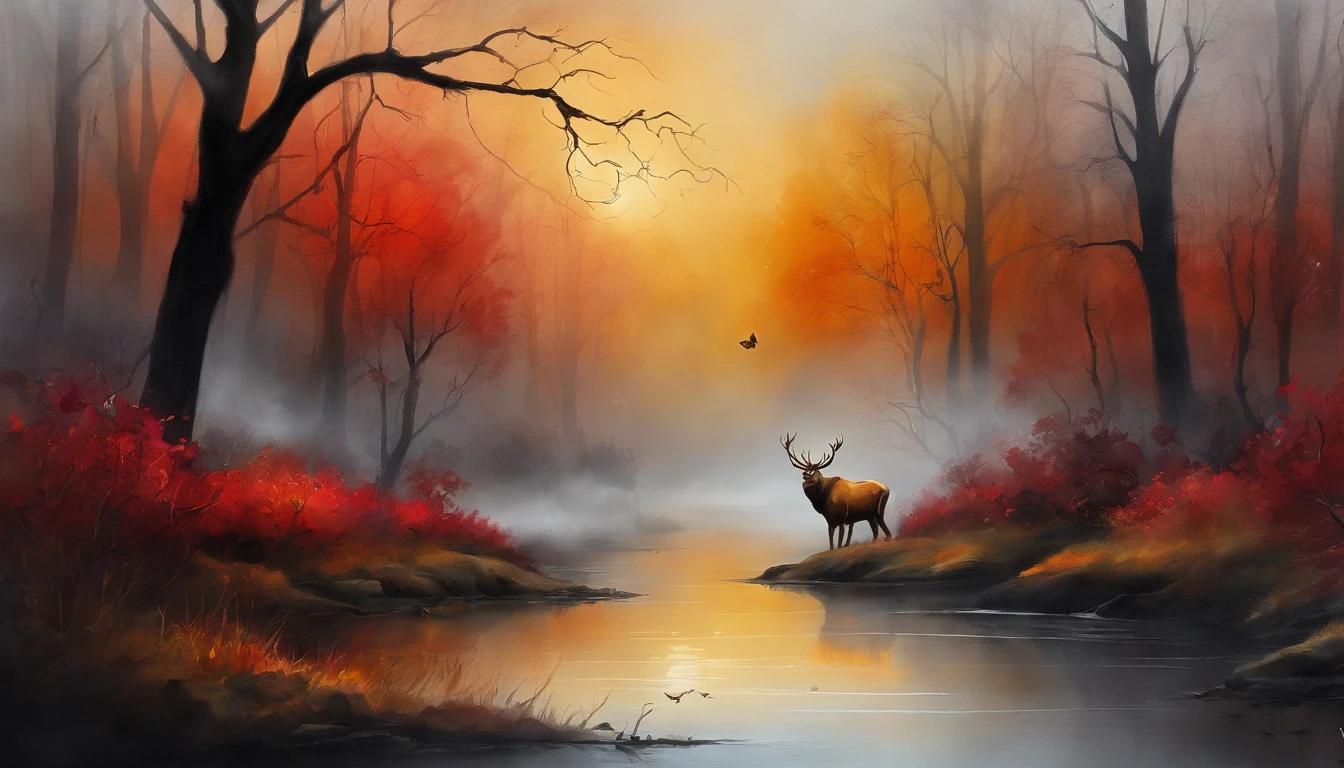"((masterpiece)) red deer in the ((foggy)) ,((magical dark forest :1.2))at late dusk time, with ((strong dark shadows recommended for scene:1.2)), a glowing magical lion,golden glowing flowers ,((glowing butterfly )), beautiful magical style, golden water reflection,fierce, concept art, digital painting."