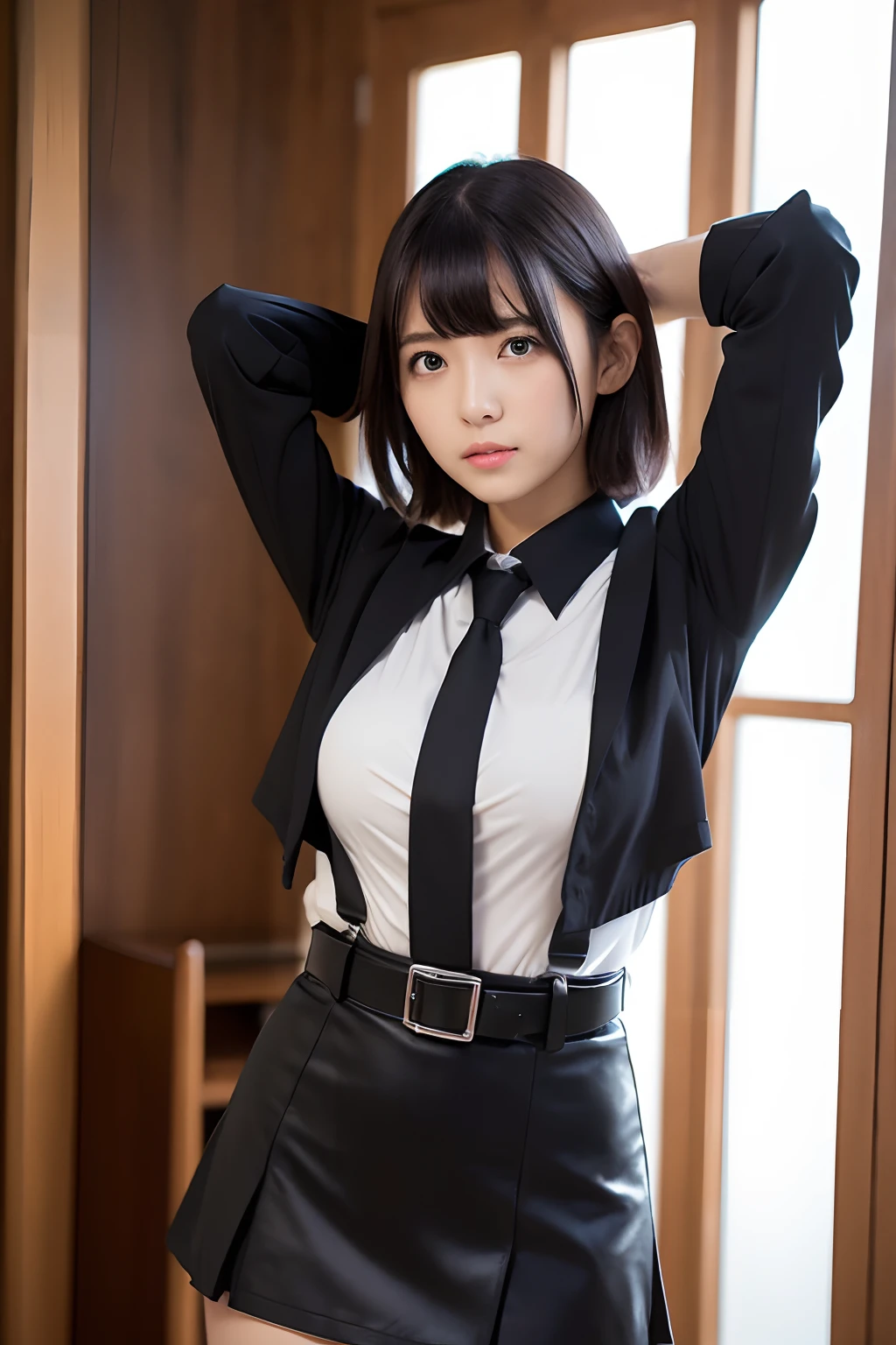 (masutepiece:1.2),High quality,vivd colour,flat-colors,Deep Depth Of Field,Lens Flare,1 girl,Black hair,eyecontact,Suit,Collared shirt,Belt bag,suspenders,Professional,Office Lady,Mature Women,Black mini skirt　garterbelts　knee high　Stockings　Black Niso　Colorcon armpit sweat　perspiring　Side of both hands,Black jacket,Gaze,ample bosom,Armpit sweat,Exposing the armpits"Pichi Pichi clothes