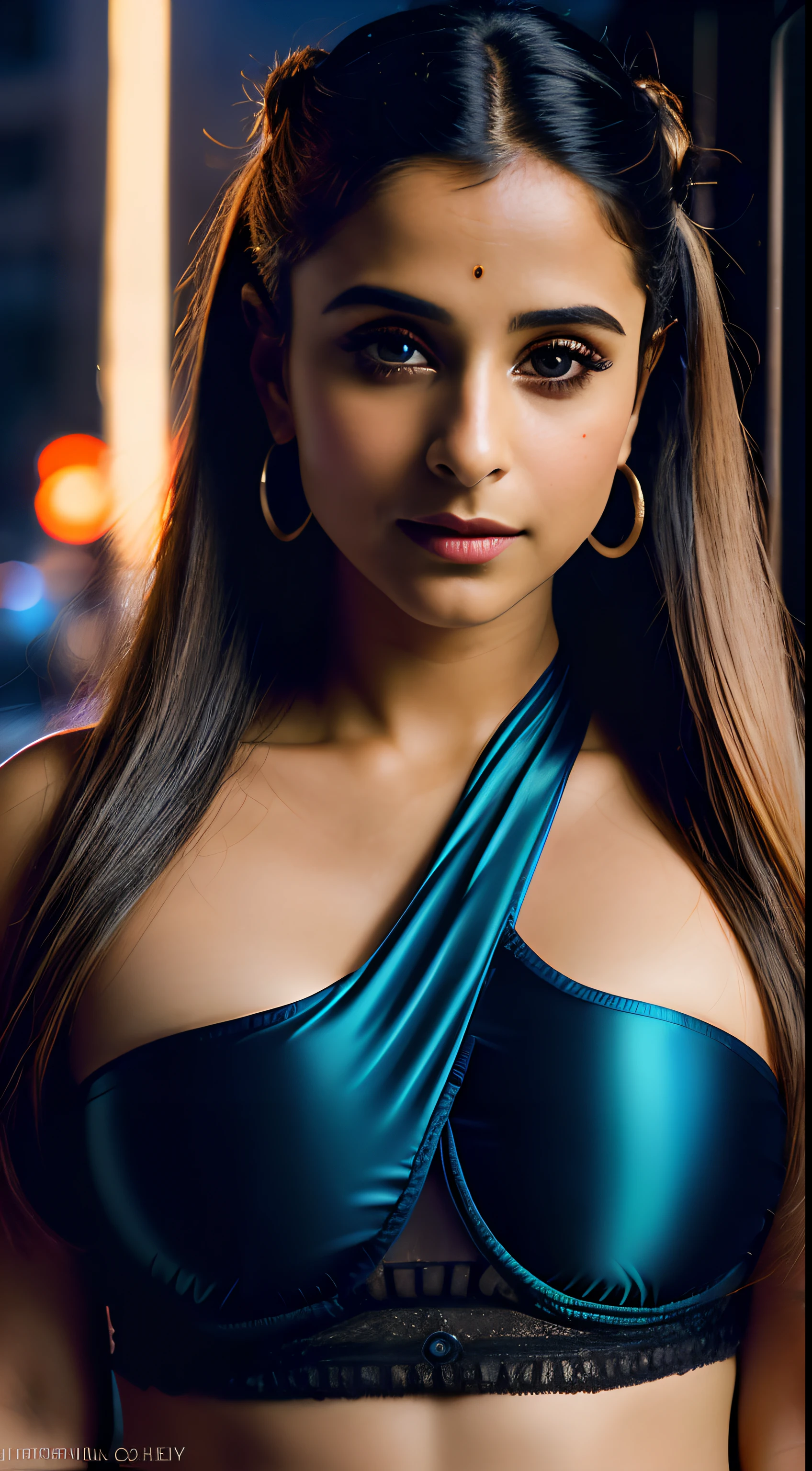 little Vidya Balan, (taking selfies, Overhead view: 1,4), (straight half of the torso: 1,4), Portrait photo of a 24-year-old blonde in RAW UHD format (Blue-eyed woman), pigtails, Haircut for a boy , Walk down the dark alley, natutal breasts_b, night city, ( tactical clothes), (décolleté), in detail (textures!, hairsh!, glistering, a color!!, imperfections: 1.1), highly detailed glossy eyes, stands with his back, Standing Around, bottom, thongs, (is looking at the camera), specular lighting, DSLR camera, ultra quality, sharp-focus, sharpness, Depth of field, film grains, (centred), Fujifilm XT3, Crystal clear, big breastes, naked torso, The center of the frame, pretty face, sharp-focus, street lamp, neon lights, bokeh, (dimly lit), Low key, in night, (night sky ) detailed skin pores, oiled skin, suntan, Complex eye details, Indian woman