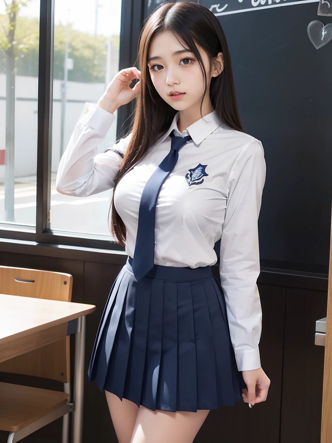 student clothes、high-school uniform、Dark blue pleated skirt、large full breasts:1.5