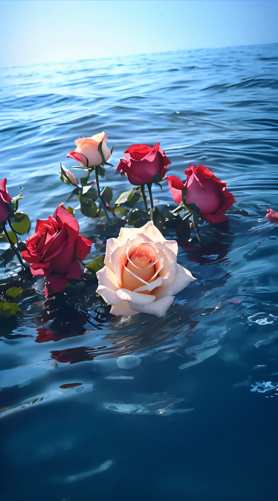 Roses float in the water,The background is blue sky, Beautiful wallpaper, Beautiful nature, Beautiful flowers, Beautiful water, rosette, a few roses, Beautiful composition, wallpaper hd, rosses, very beautiful photograph of, decorative roses, wallpaper - 1 0 2 4, rose background, roses in cinematic light, white and red roses, beautiful flowers, Beautiful background