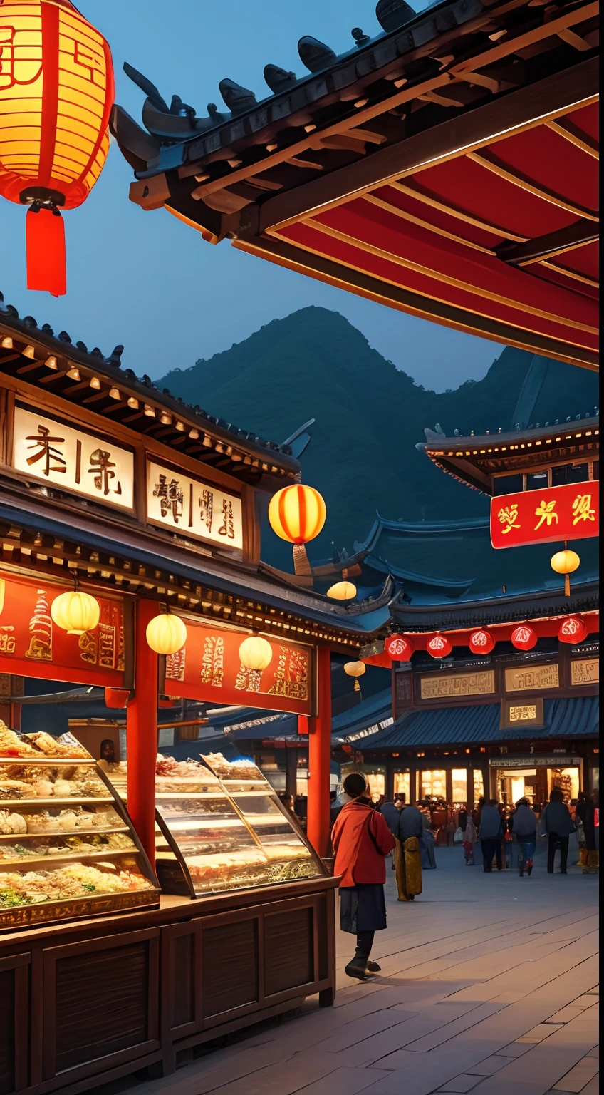 environment picture, wide-shot, ancient chinese marketplace, food stalls, people in hangfu, lively, intricate, beautiful, elegant, majestic, 8k uhd, hyper detailed, high quality, best quality.