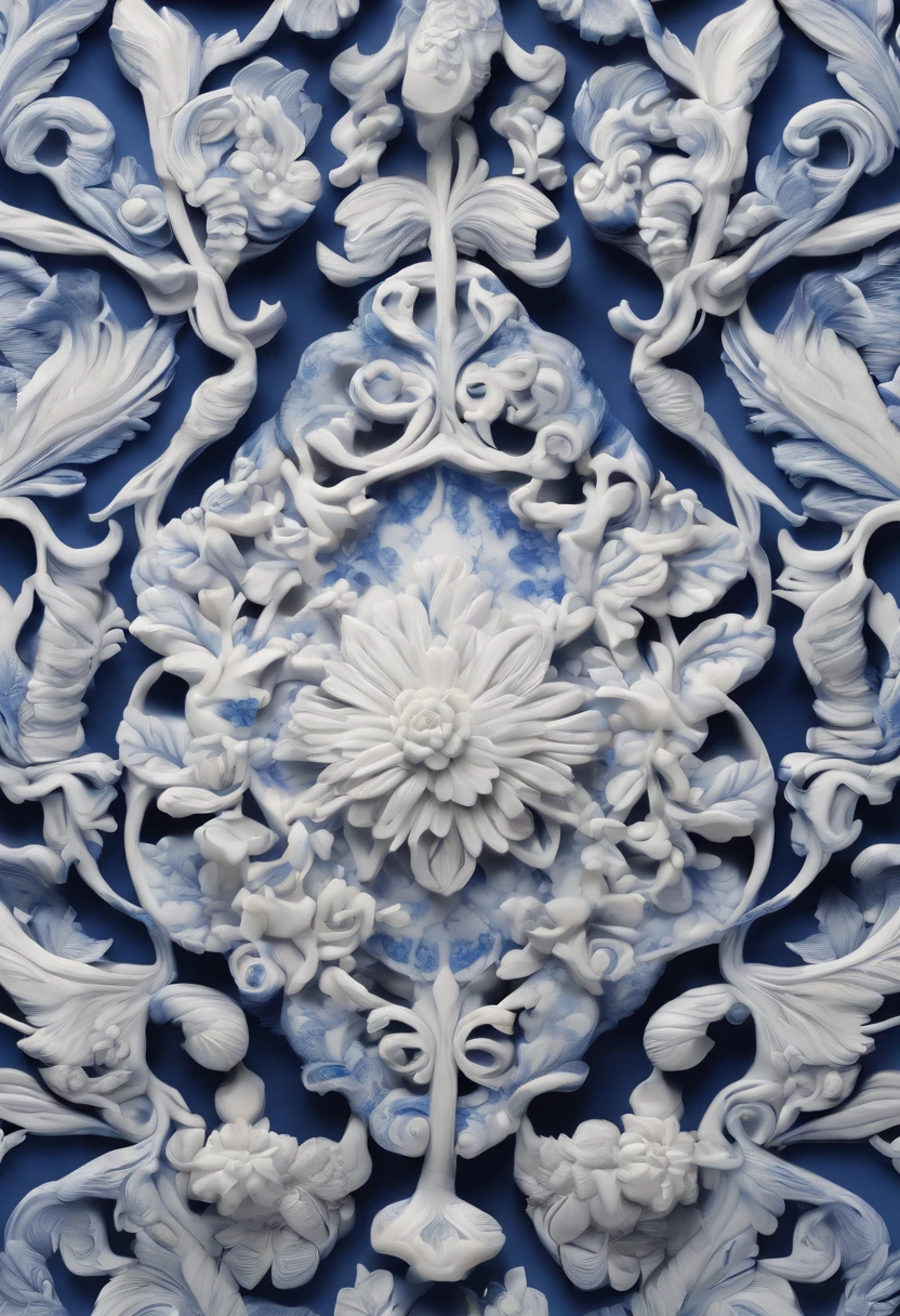 Blue and white porcelain,ceramics,table light, anaglyph,solid,artwork of a,Ornaments, high detail,3D, Chiaroscuro, Cinematic lighting, god light, Cinematic lighting, hyper HD, High details, Best quality, A high resolution, Textured skin