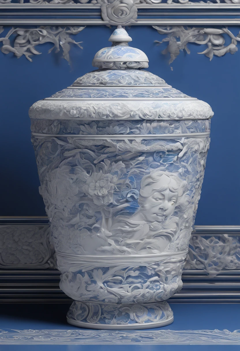 Blue and white porcelain,Ceramic material,Pen,On a table,Three-dimensional relief,artwork of a,Ornaments, high detail,3D, Chiaroscuro, Cinematic lighting, god light, Cinematic lighting, hyper HD, High details, Best quality, A high resolution, Textured skin