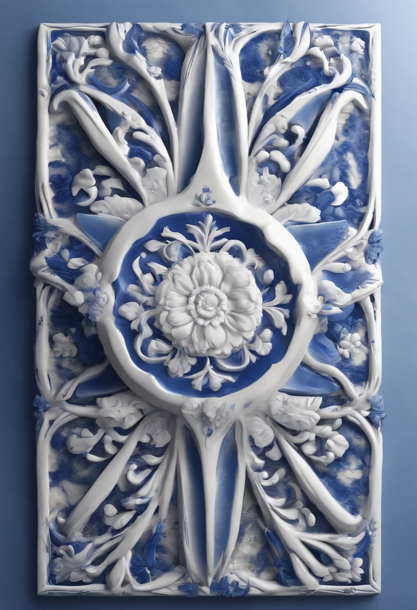 Blue and white porcelain,Ceramic material,Pen,On a table,Three-dimensional relief,artwork of a,Ornaments, high detail,3D, Chiaroscuro, Cinematic lighting, god light, Cinematic lighting, hyper HD, High details, Best quality, A high resolution, Textured skin