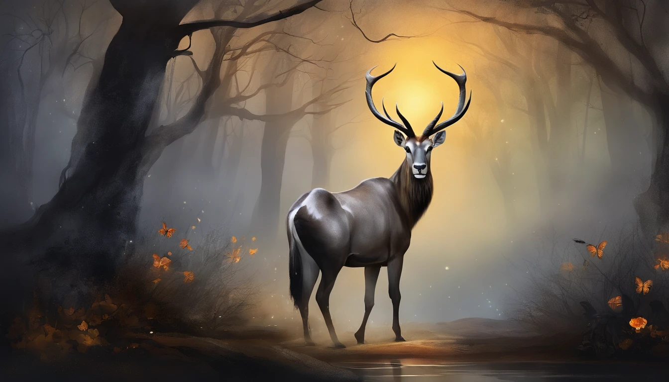 "((masterpiece)) gemsbok in the ((foggy)) ,((magical dark forest :1.2))at late dusk time, with ((strong dark shadows recommended for scene:1.2)), a glowing magical lion,golden glowing flowers ,((glowing butterfly )), beautiful magical style, golden water reflection,fierce, concept art, digital painting."