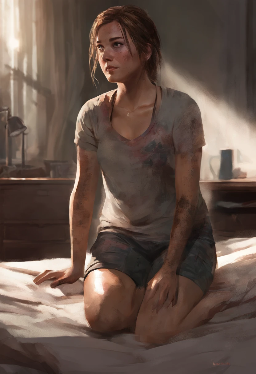 Face of Ellie Williams from the last of us two, sitting in bed, legs spread open, lingerie on, detailed face, detailed body, ultra realistic