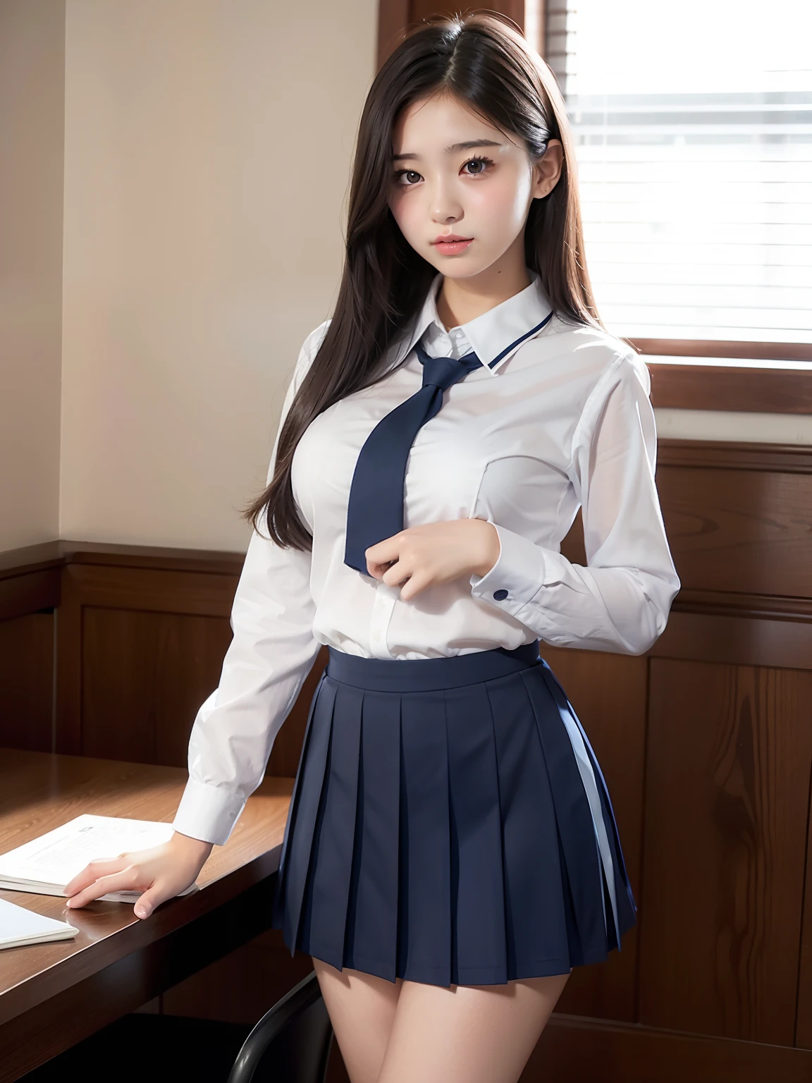 arafed asian woman in a school uniform posing in front of a blackboard, a hyperrealistic schoolgirl, wearing japanese school uniform, hyperrealistic schoolgirl, japanese girl school uniform, wearing school uniform, japanese school uniform, realistic schoolgirl, girl wearing uniform, cute schoolgirl, wearing a school uniform, jk uniform, school girl, korean girl, (1girl blue eyes navy blue hair), big ass full breasts until waiting wearing, (mini sexy swinging skirt round: 1.3), varied poses.