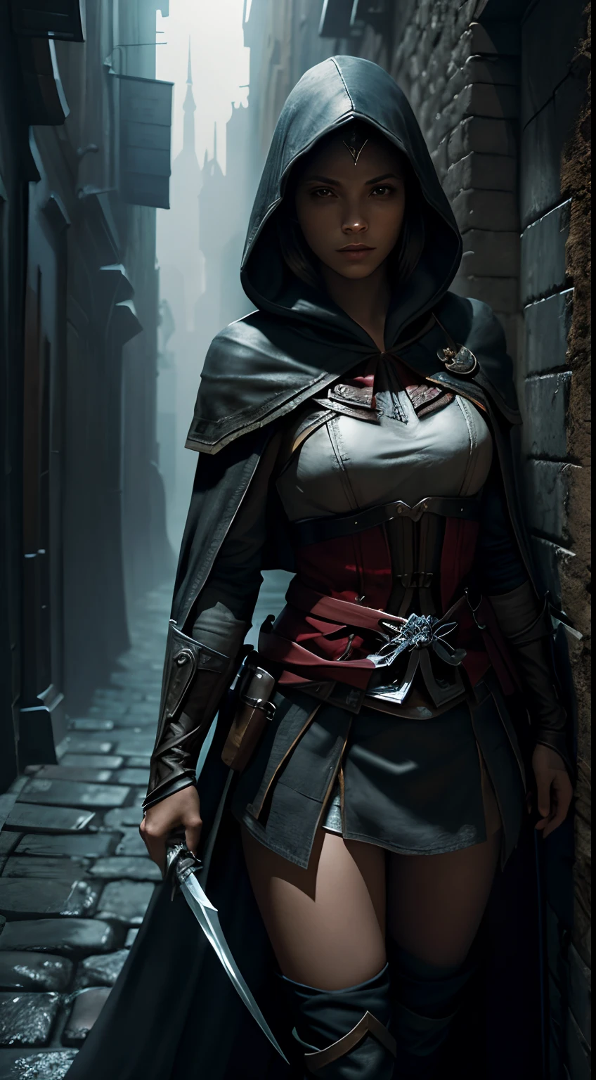 A girl dressed as an Assassin's Creed character, with detailed hood and cloak, striking a stealthy pose, holding a hidden blade, in a dark and atmospheric ancient city setting, with narrow alleyways and tall buildings. The scene is depicted in a realistic style, with high-quality details and textures. The colors are desaturated with a cool tone, enhancing the mysterious atmosphere. The lighting is dimly lit, casting dramatic shadows and adding depth to the scene. The image is of the best quality, with ultra-detailed features and a photorealistic rendering.