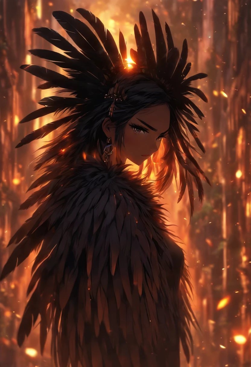 (((woman with black feathers))) best quality, very high resolution, detailed CG in 4K, masterpiece, woman, black hair, black feathers, amazon brazil, rivers, indigenous people, indigenous tribes, indigenous city, forest, aesthetics, beautiful image, centered on the screen, full body