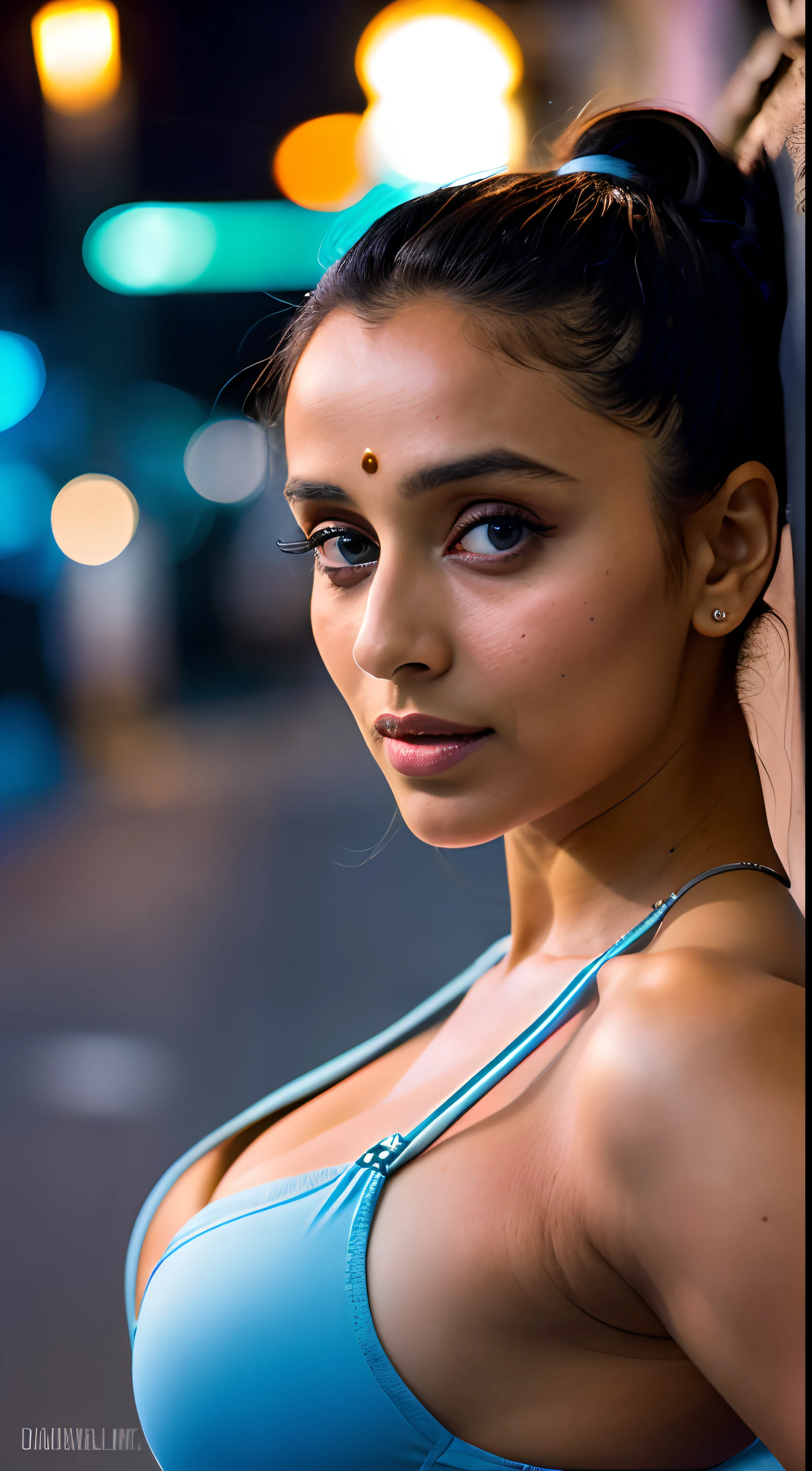 little Rani Mukherjee, (taking selfies, Overhead view: 1,4), (straight half of the torso: 1,4), Portrait photo of a 24-year-old blonde in RAW UHD format (Blue-eyed woman), pigtails, Haircut for a boy , Walk down the dark alley, natutal breasts_b, night city, ( tactical clothes), (décolleté), in detail (textures!, hairsh!, glistering, a color!!, imperfections: 1.1), highly detailed glossy eyes, stands with his back, Standing Around, bottom, thongs, (is looking at the camera), specular lighting, DSLR camera, ultra quality, sharp-focus, sharpness, Depth of field, film grains, (centred), Fujifilm XT3, Crystal clear, big breastes, naked torso, The center of the frame, pretty face, sharp-focus, street lamp, neon lights, bokeh, (dimly lit), Low key, in night, (night  sky ) detailed skin pores, oiled skin, suntan, Complex eye details, Indian woman