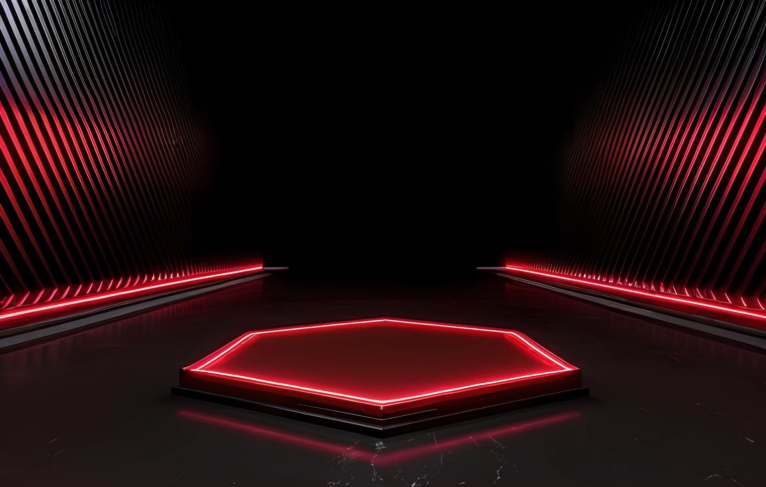 perfect lines, a red neon light shines in a dark room with a hexagonal floor, red neon lights inside it, red neon light, red neon lights, octagon render 8k, neon lights in background, neon-noir background, arena background, neon background lighting, volumetric lighting. red, background with neon lighting, futuristic sport arena, glowing neon vray, dark neon lighting