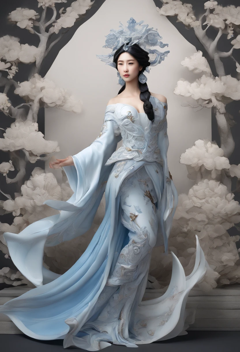 Blue and white porcelain,Ceramic material,Tang dynasty fairy,Ancient immortals,full bodyesbian,Flowing clothes,Three-dimensional relief,Petals on the body,artwork of a,Ornaments, high detail,3D, Chiaroscuro, Cinematic lighting, god light, Cinematic lighting, hyper HD, High details, Best quality, A high resolution, Textured skin