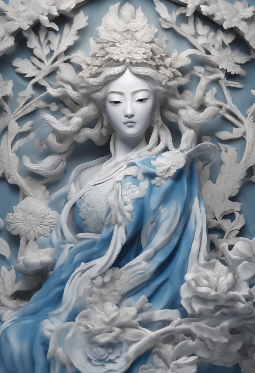 Blue and white porcelain,Ceramic material,Tang dynasty fairy,Ancient immortals,full bodyesbian,Flowing clothes,Three-dimensional relief,Petals on the body,artwork of a,Ornaments, high detail,3D, Chiaroscuro, Cinematic lighting, god light, Cinematic lighting, hyper HD, High details, Best quality, A high resolution, Textured skin