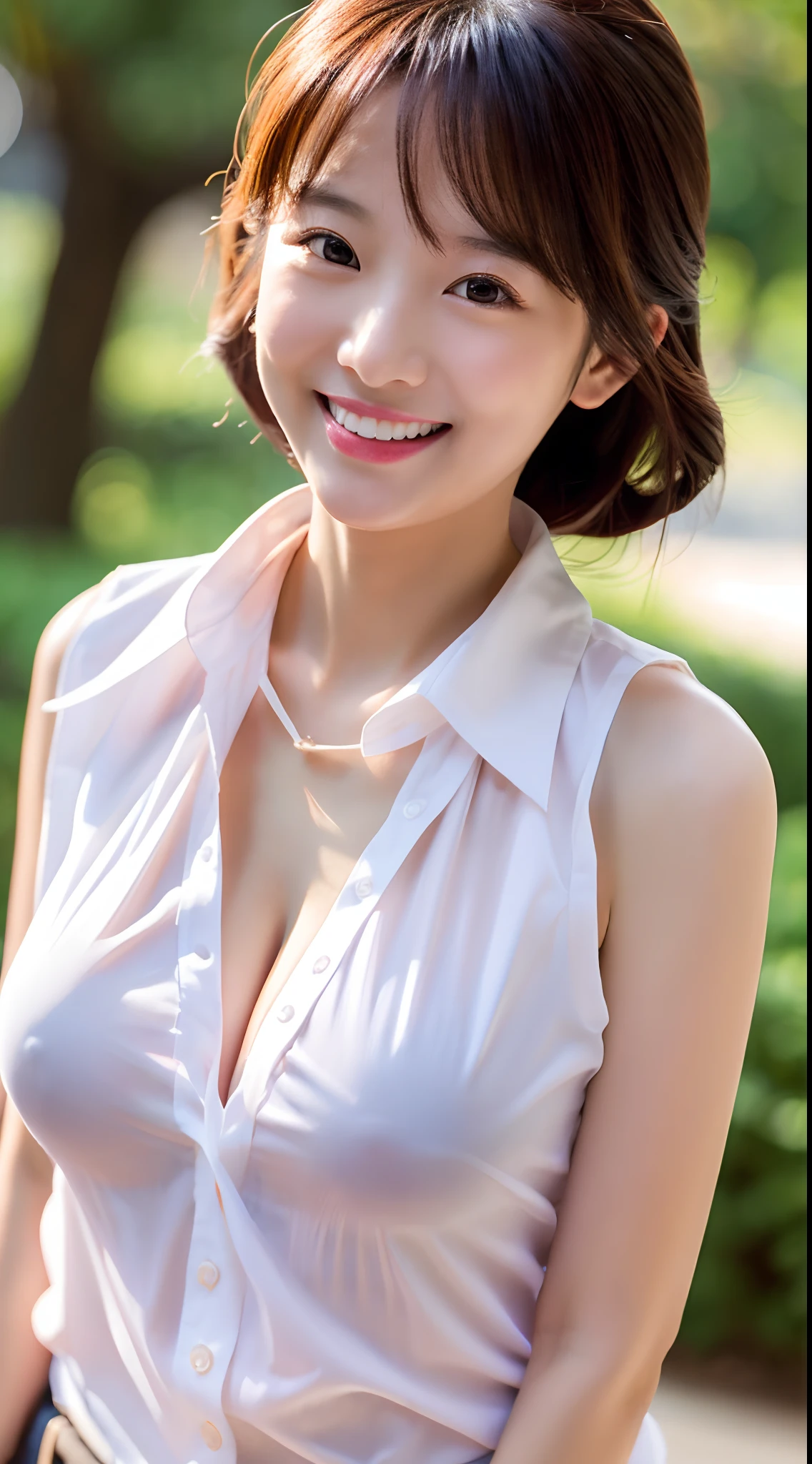 NSFW:1.4, Girl suddenly opens her blouse with a white collar completely in front of her eyes、Dazzling beautiful breasts、Funny smile、Cute but very sexy、masutepiece、top-quality、The ultimate photorealistic