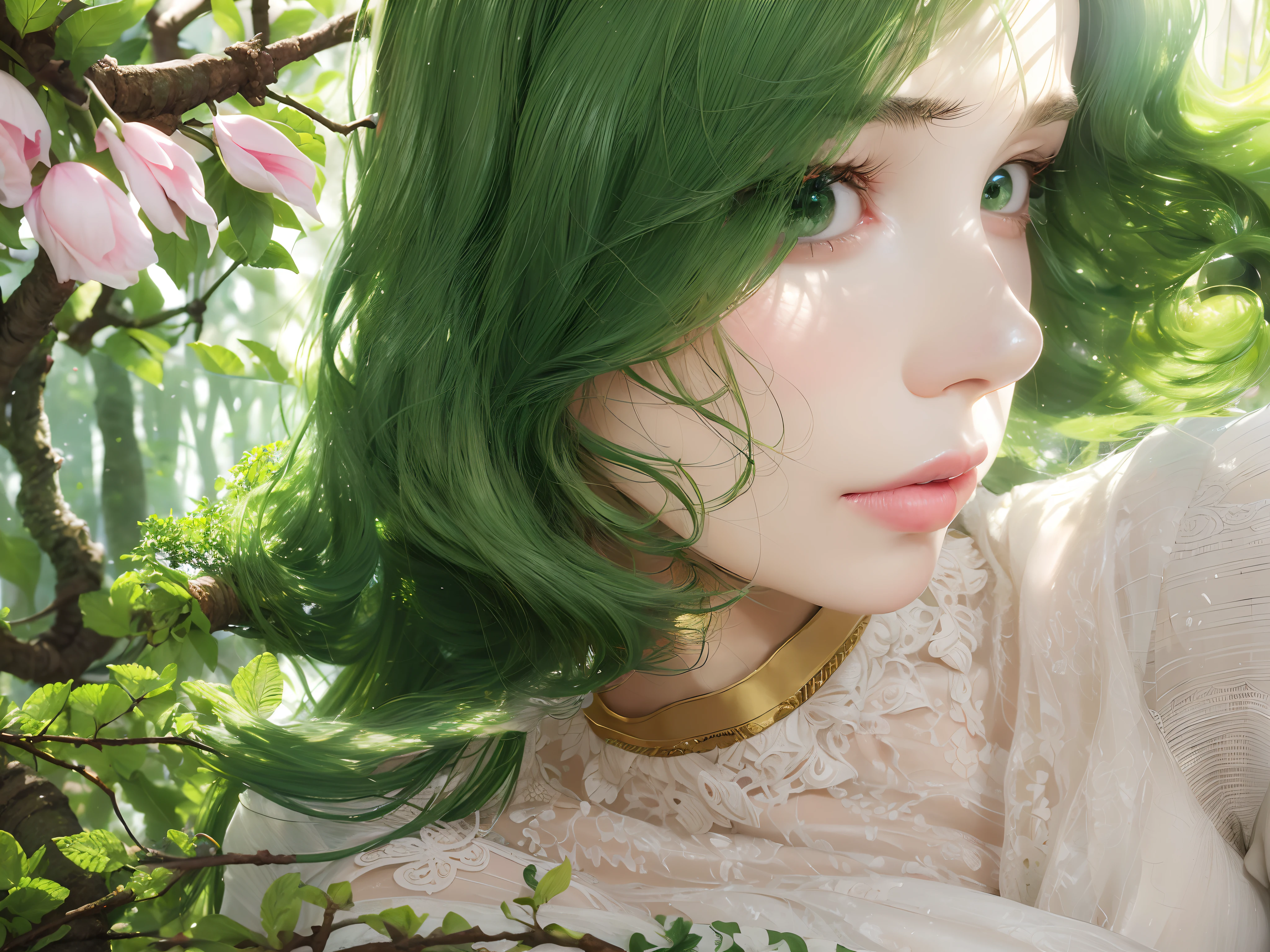 (girl with) Green hair, vibrant colors, long flowing locks, detailed strands, intense shades, artistic render, stunning portrait, professional (quality), realistic depiction, glowing (emerald) locks, enchanting appearance, meticulous attention (to hair), bold and daring hairstyle, striking contrast, confident expression, alluring gaze, soft lighting, vibrant and lively atmosphere, eye-catching composition, flawless skin, exquisite details, professional-grade artwork, visually captivating, masterful brushstrokes, contemporary style, alluring presence, mesmerizing beauty, stylish and trendy, unique and extraordinary.