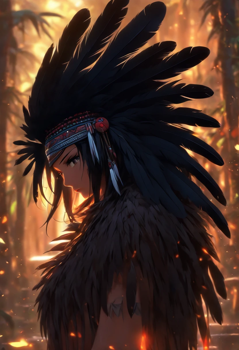 (((woman with black feathers))) best quality, very high resolution, detailed CG in 4K, masterpiece, woman, black hair, black feathers, amazon brazil, rivers, indigenous people, indigenous tribes, indigenous city, forest, aesthetics, beautiful image, centered on the screen, full body