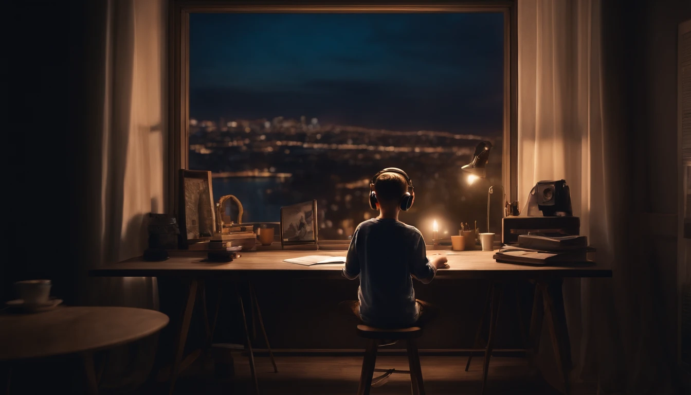 young boy age 21 years sit on a stool in a dark room and and the boy is drawing on a artboard and the artboard is put on a stand and the boy hearing song from headphones and the view of city is appearing from Window