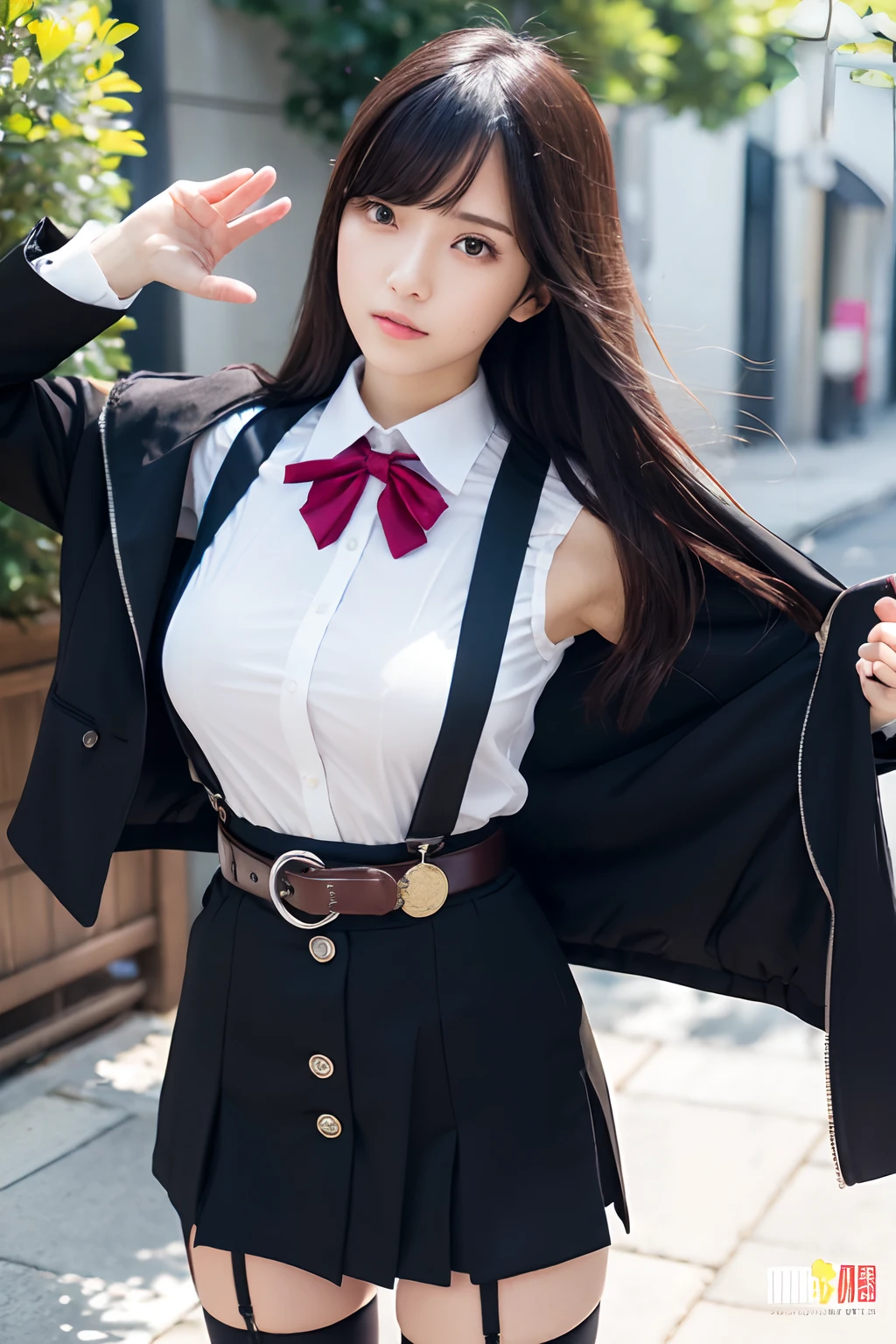 1 Girl, school girl, high school uniform, extremely detailed CG unity 8k wallpaper, best quality, ultra-detailed, masterpiece, realistic, photo realistic, extremely detailed 1 cute girl, 20years old, (((skirt lift by myself))), (lifted by self),  panties , panties focus, blush, parted lips, looking at viewer, half body shot, (crowd), (crowded city) , messy long hair ,