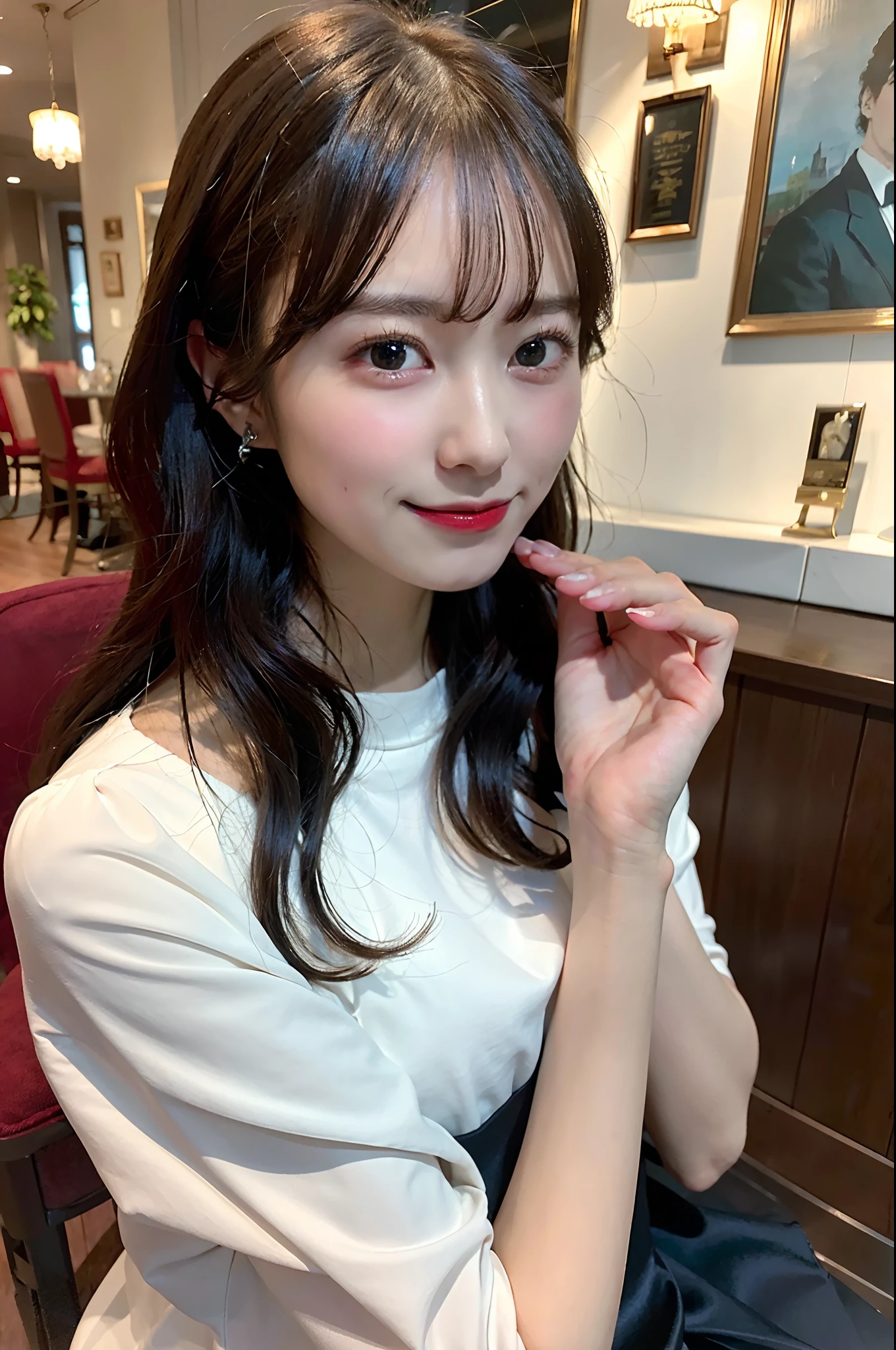 Best Quality, 8k, Masterpiece, (Portrait: 1.3), (photo realistic:1.4), (hyper realistic:1.4), Sharp Focus, looking at viewer, (smoother lighting:1.1), (increase cinematic lighting quality:0.9), realistic lighting, backlighting, light on face, ray trace, (brightening light:1.2), (Increase quality:1.4), sharp detail, (best quality real texture skin:1.4), finely detailed eyes, black_eyes, finely detailed face, 23 year old Korean woman