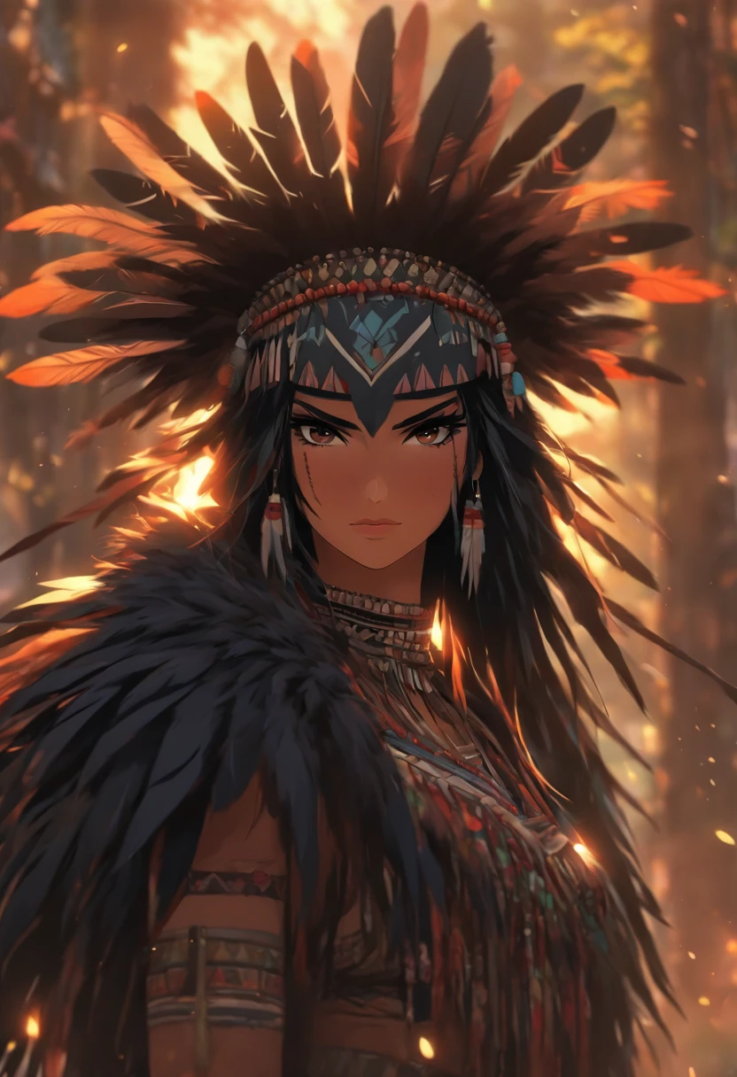 (((woman with black feathers))) best quality, very high resolution, detailed CG in 4K, masterpiece, woman, black hair, black feathers, amazon brazil, rivers, indigenous people, indigenous tribes, indigenous city, forest, aesthetics, beautiful image, centered on the screen, full body