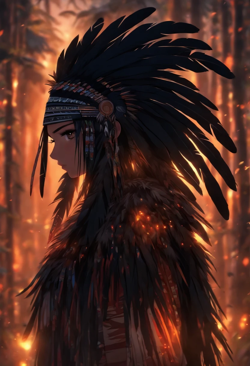 (((woman with black feathers))) best quality, very high resolution, detailed CG in 4K, masterpiece, woman, black hair, black feathers, amazon brazil, rivers, indigenous people, indigenous tribes, indigenous city, forest, aesthetics, beautiful image, centered on the screen, full body